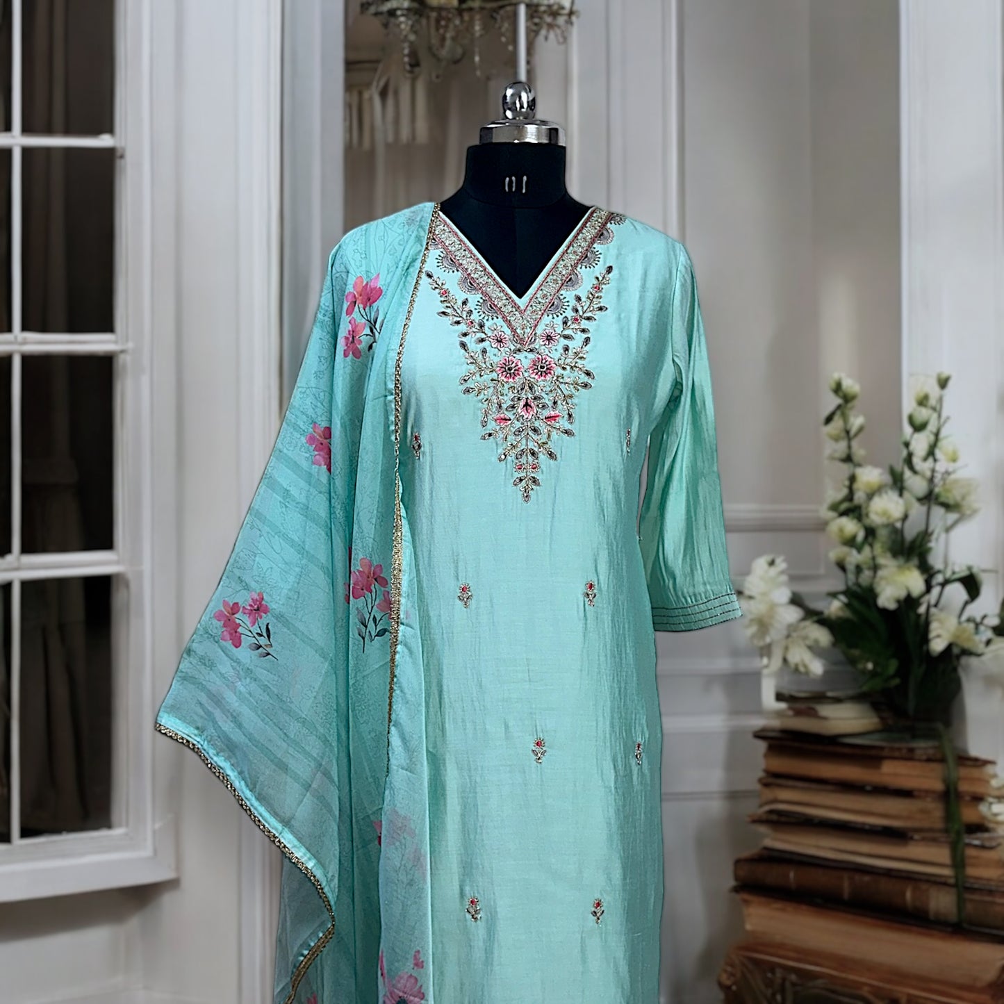 Aqua Gold Embroidered Suit Set