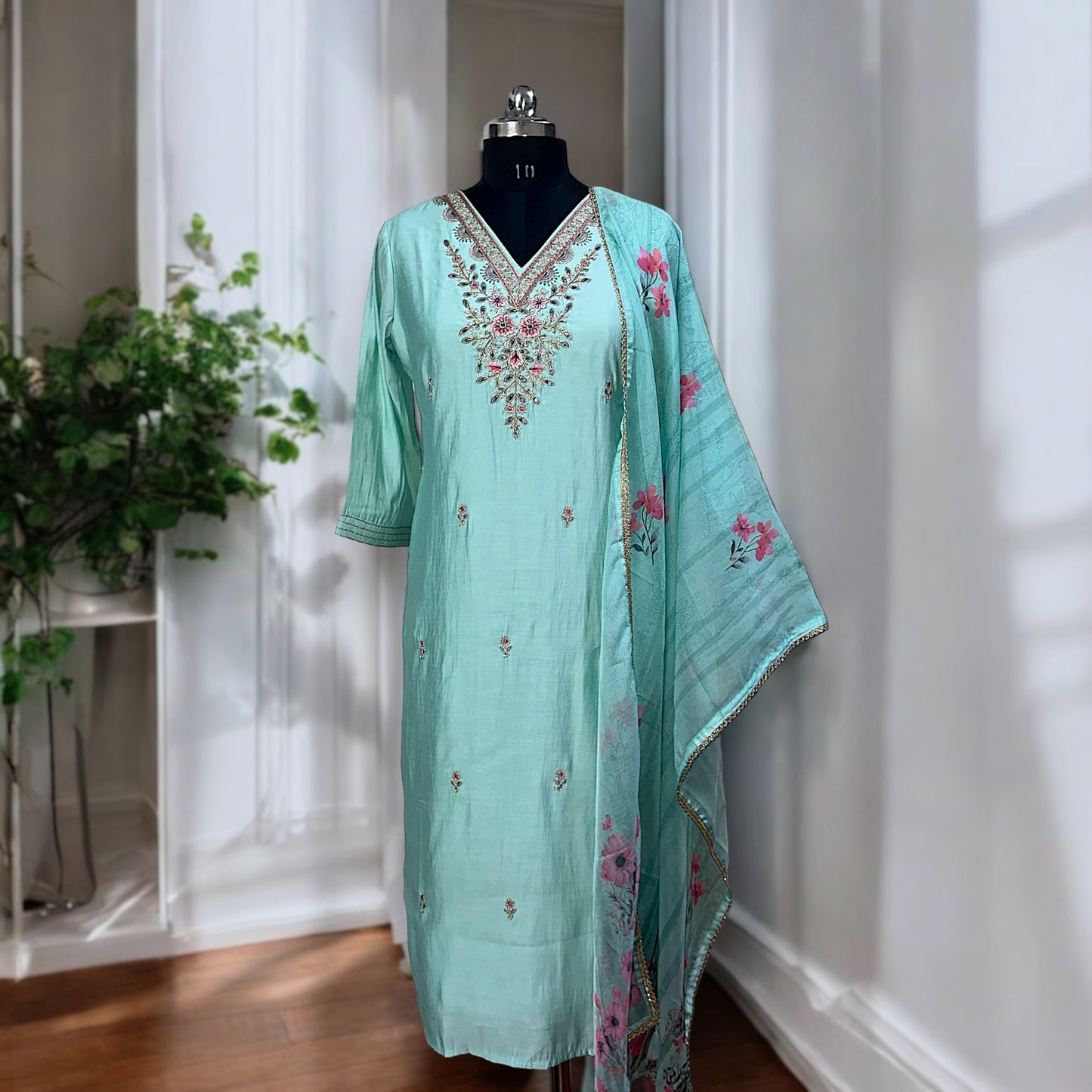 Aqua Gold Embroidered Suit Set