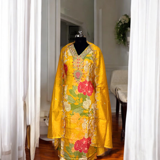 Yellow Muslin Digital Print Embroidery Work Kurta Set