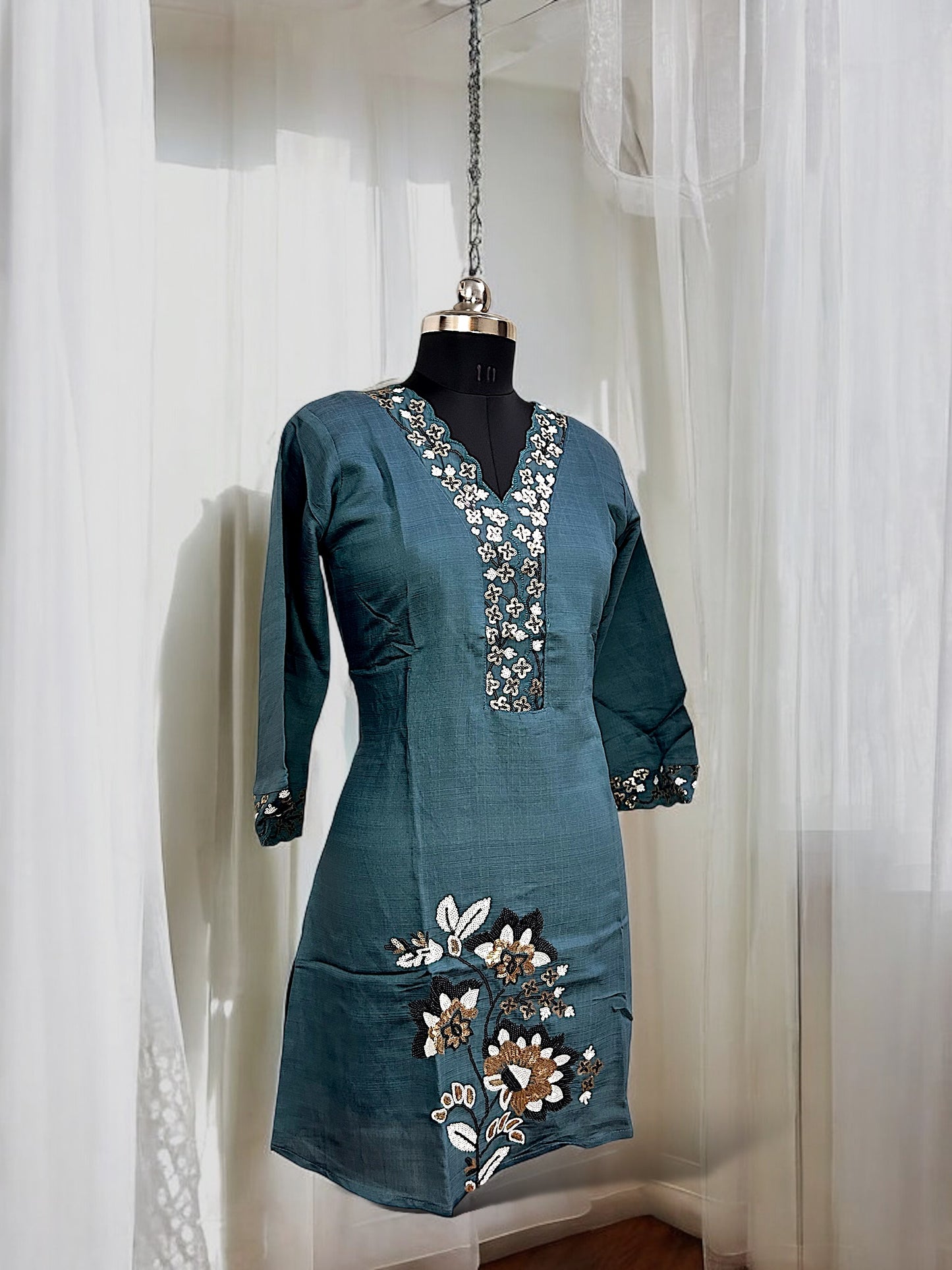 Blue Teal Vatican Silk Sequin Embroidered Co-ord Set