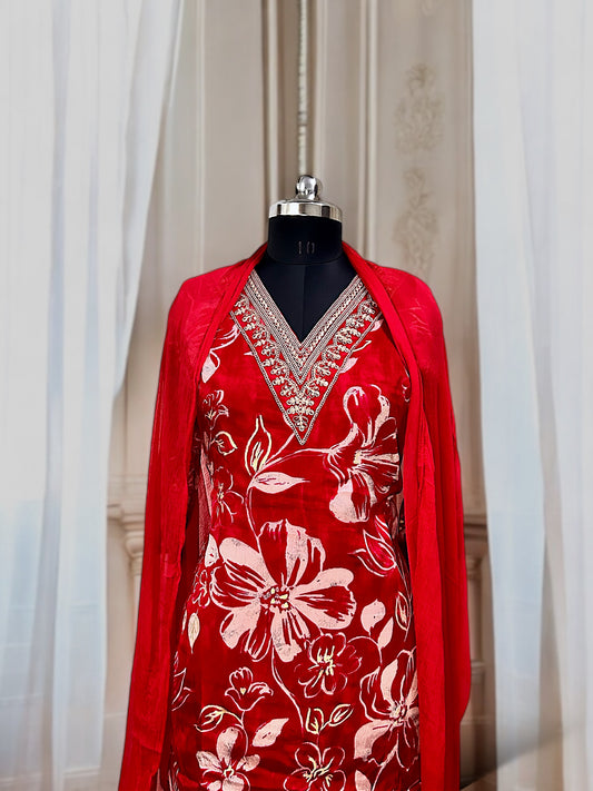 Red Floral Embroidered Pure Chinon Kurta Set