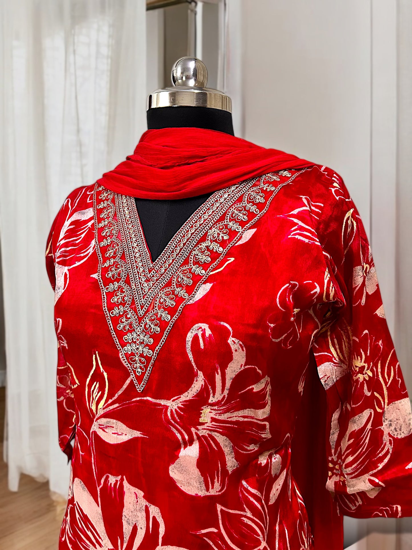 Red Floral Embroidered Pure Chinon Kurta Set