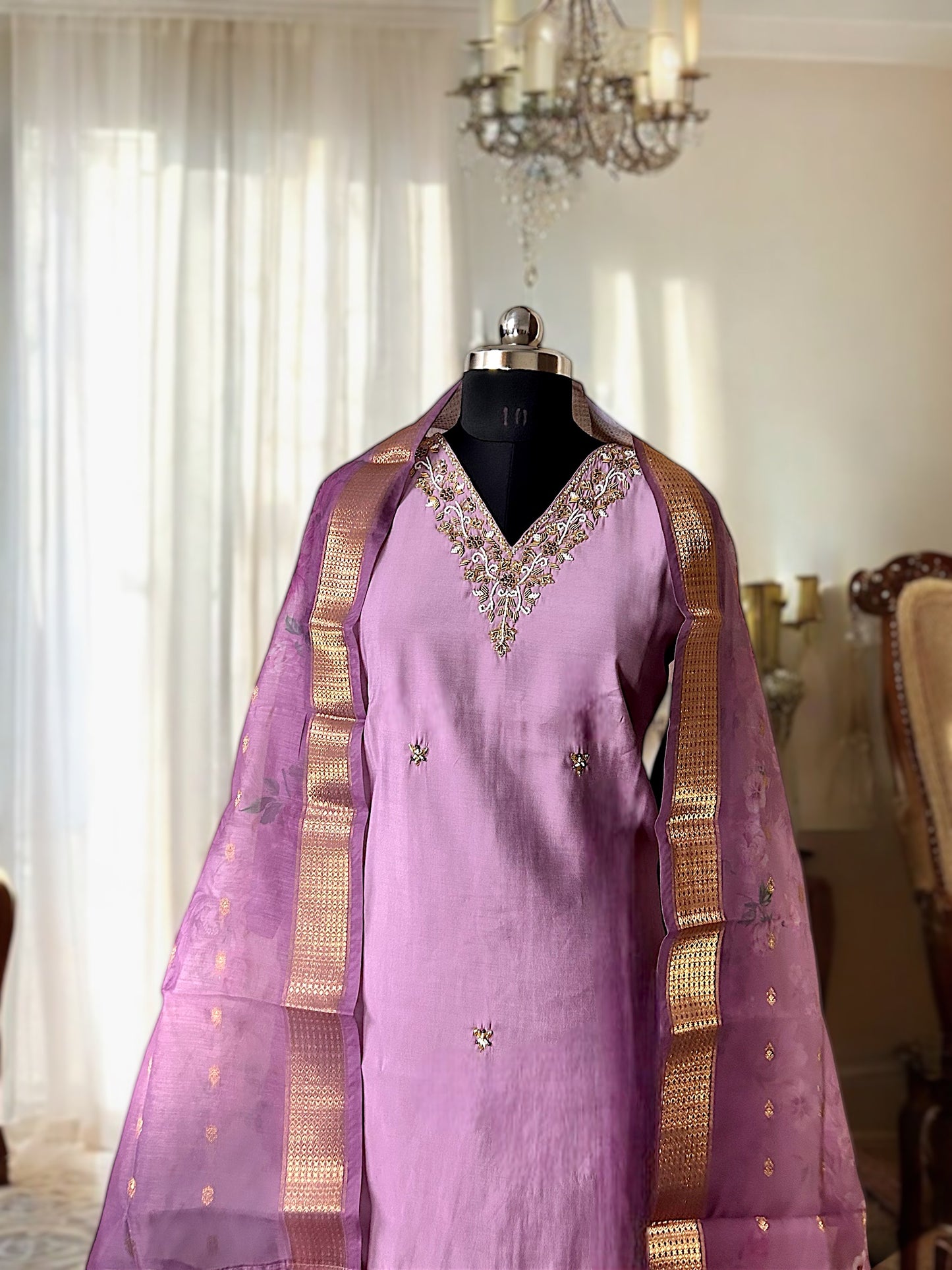 Lilac Zari Gold Embroidered Roman Silk Suit Set