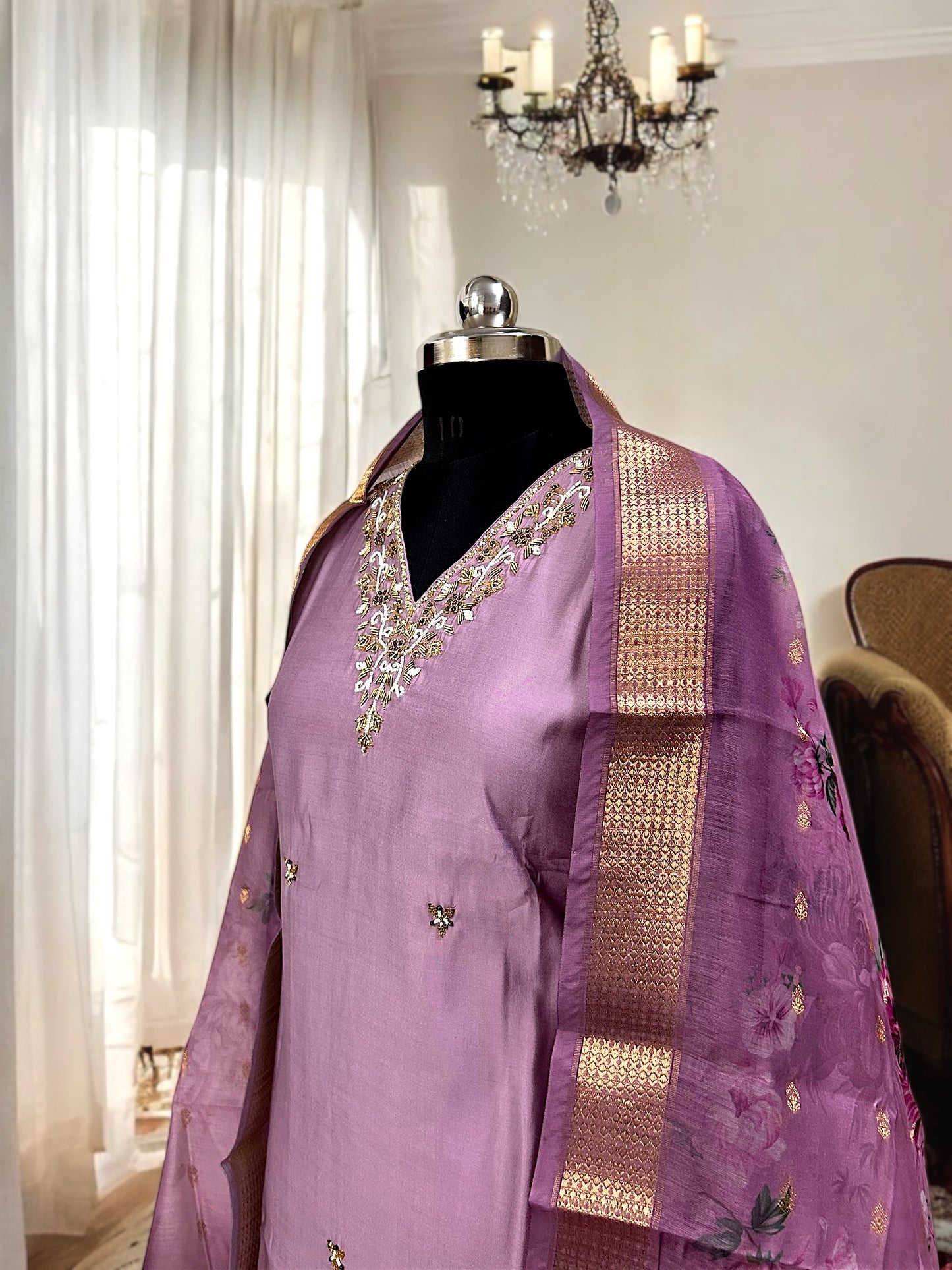 Lilac Zari Gold Embroidered Roman Silk Suit Set