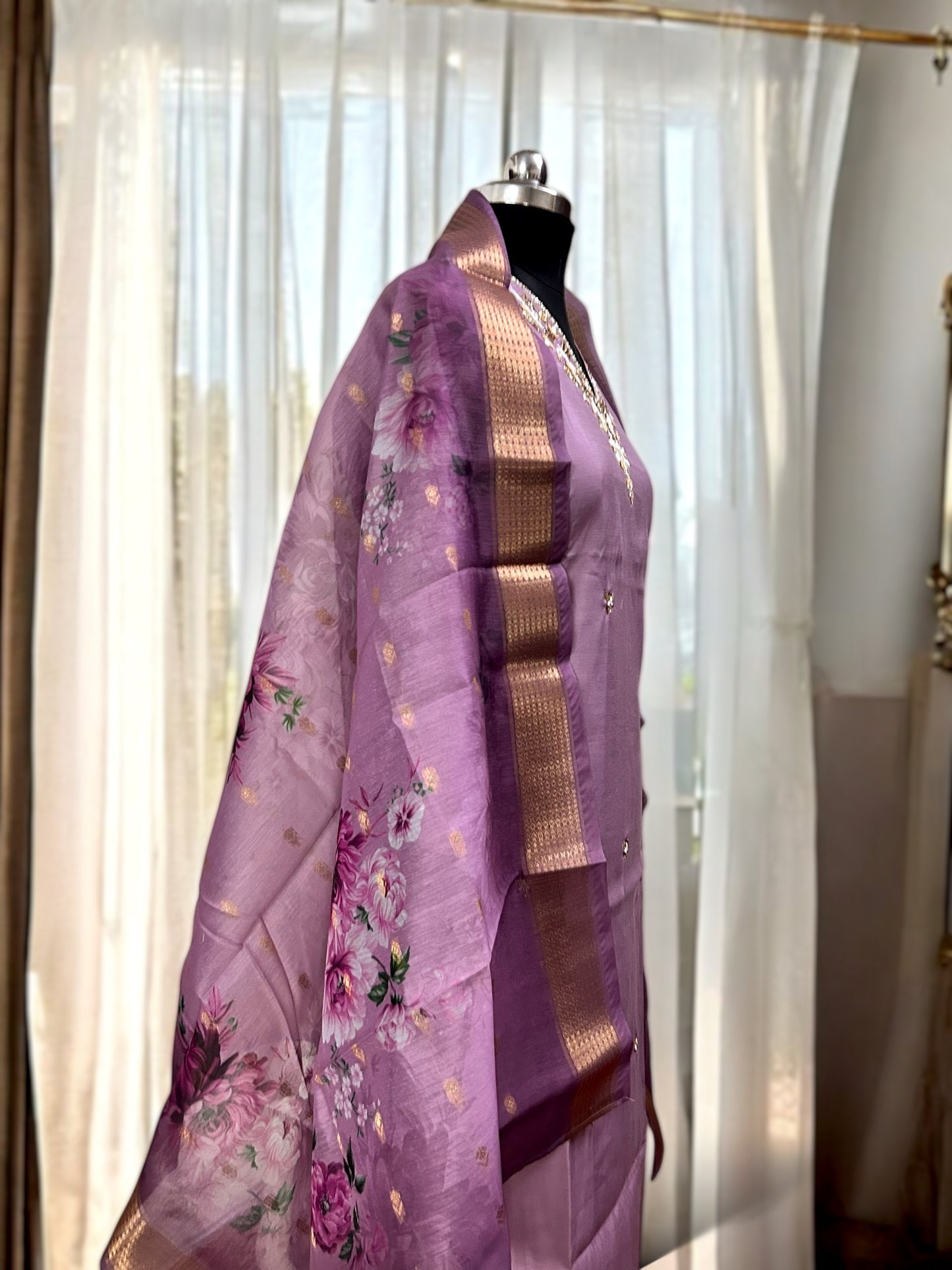 Lilac Zari Gold Embroidered Roman Silk Suit Set