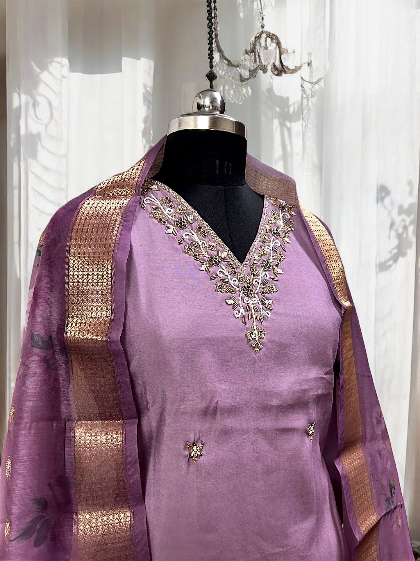 Lilac Zari Gold Embroidered Roman Silk Suit Set