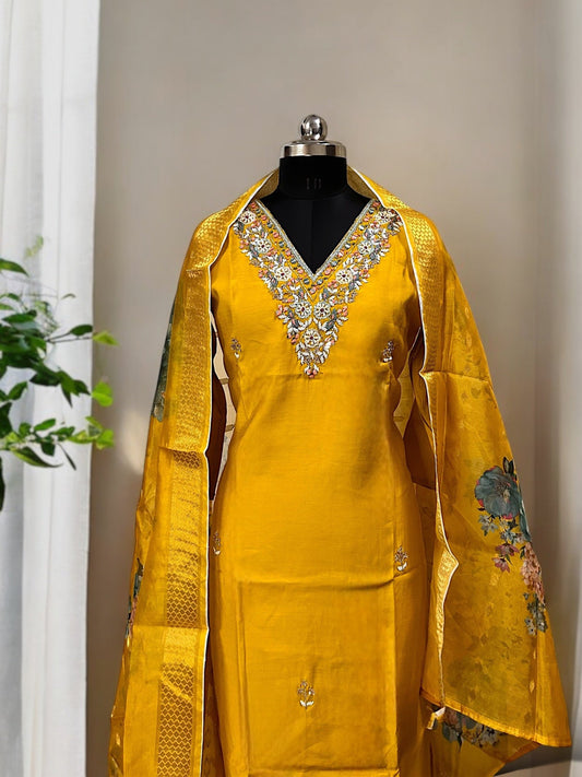 Honey Gold Zari Embroidered Roman Silk Suit Set