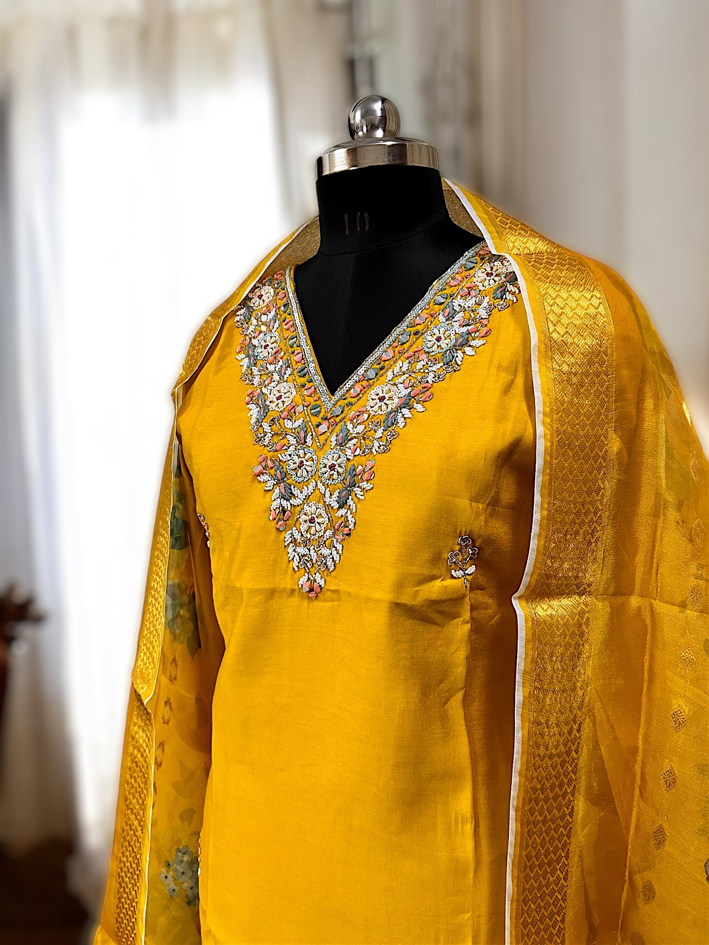 Honey Gold Zari Embroidered Roman Silk Suit Set