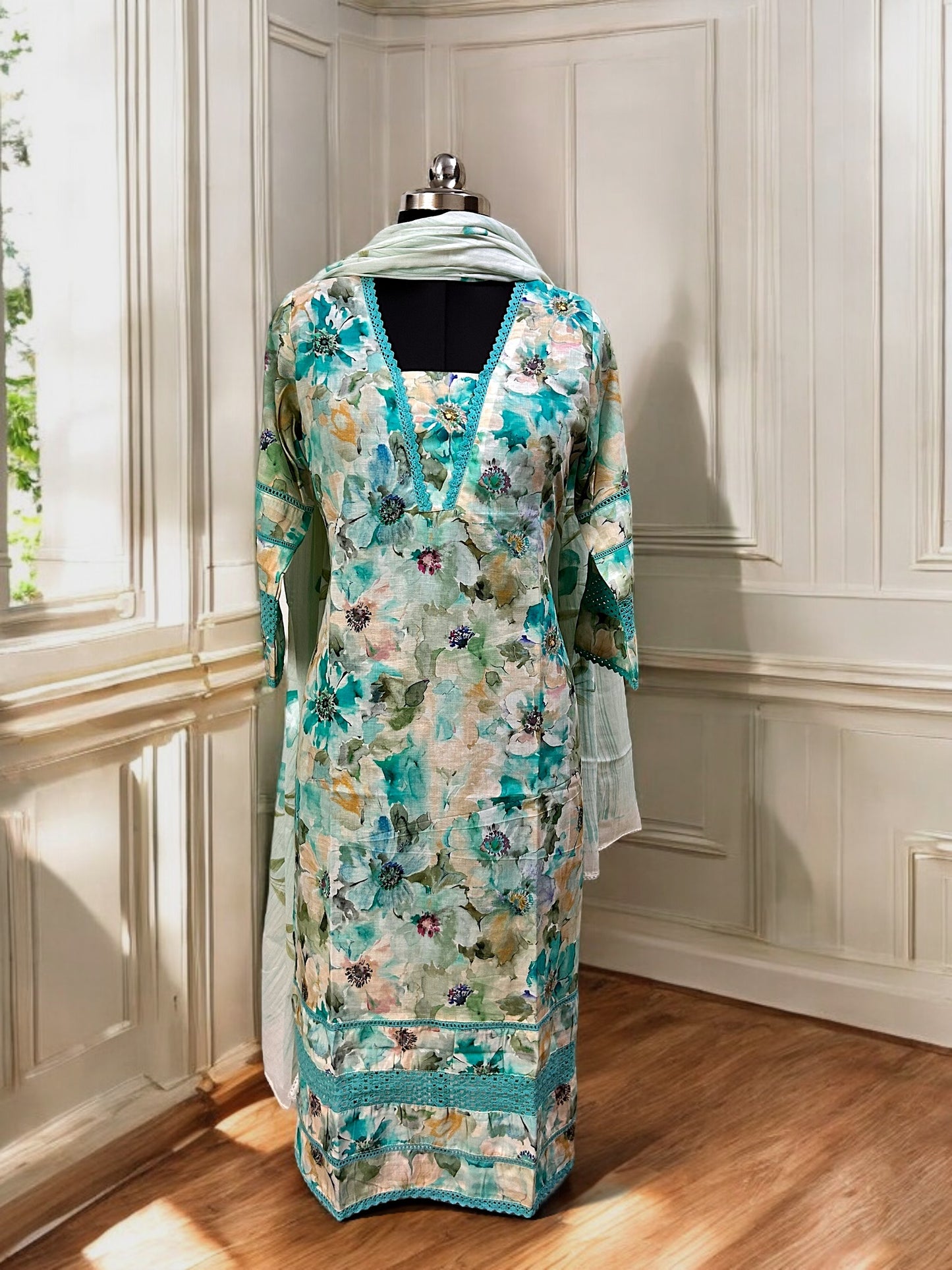 Sea Green Khadi Cotton Floral Kurta Set