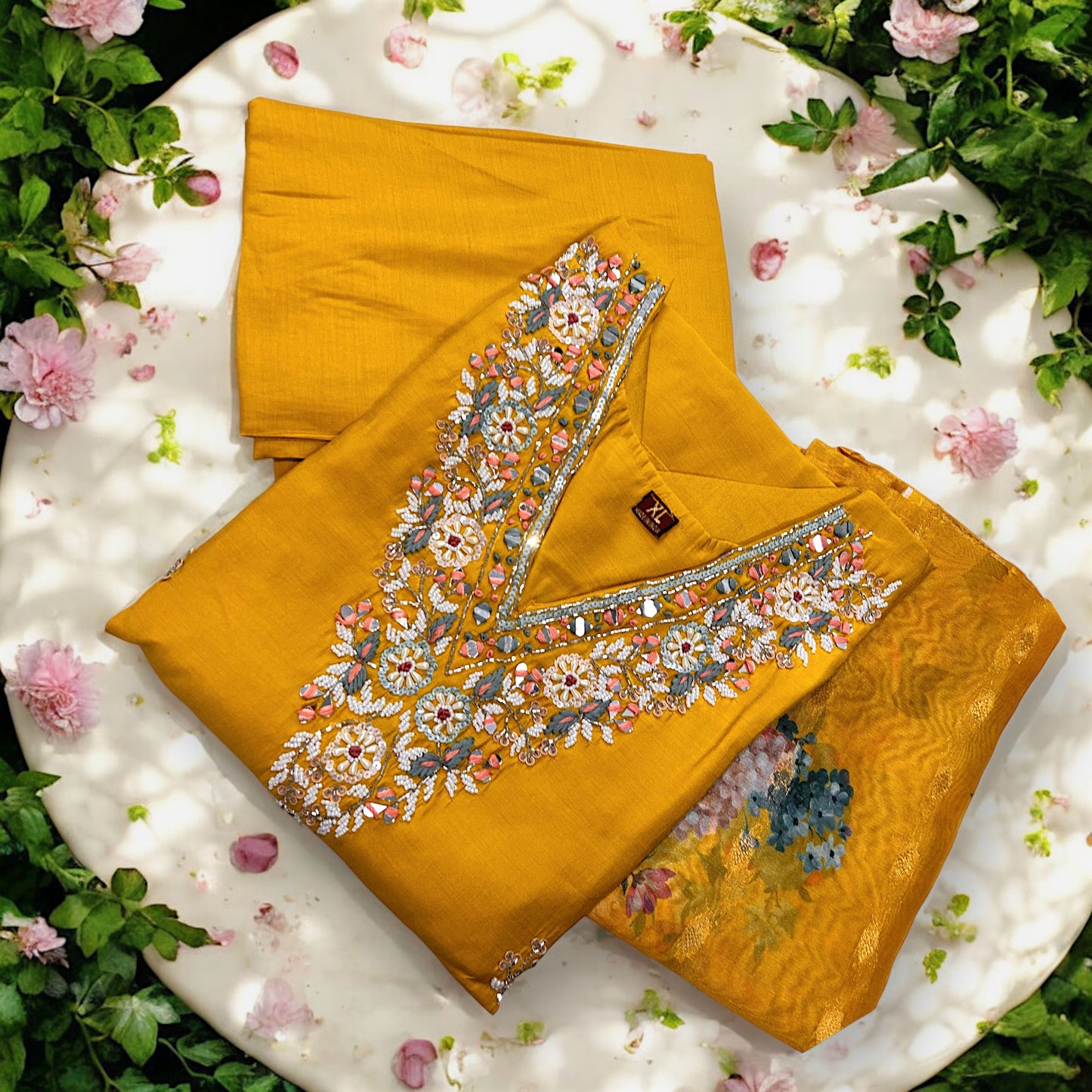 Honey Gold Zari Embroidered Roman Silk Suit Set