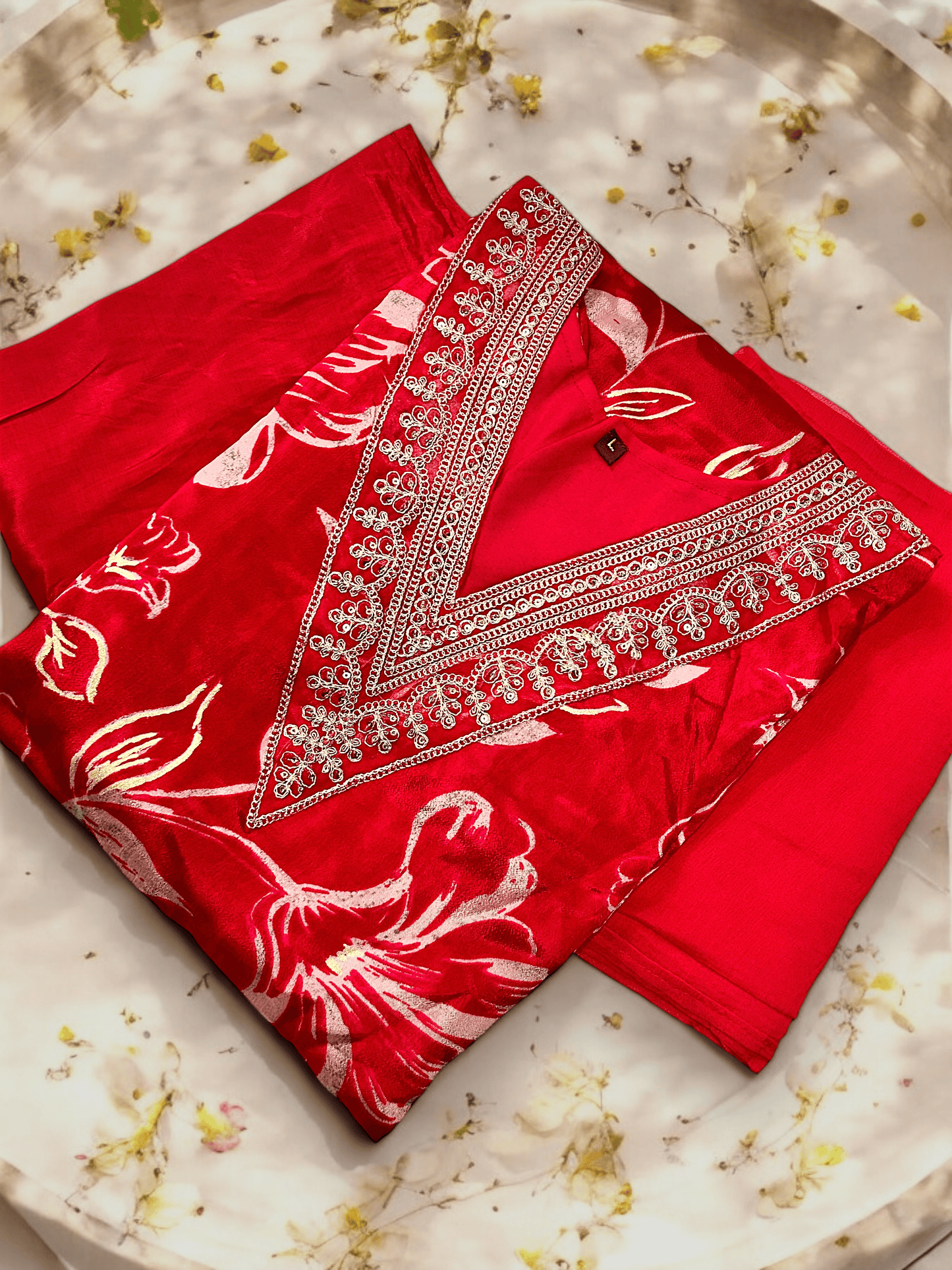 Red Floral Embroidered Pure Chinon Kurta Set