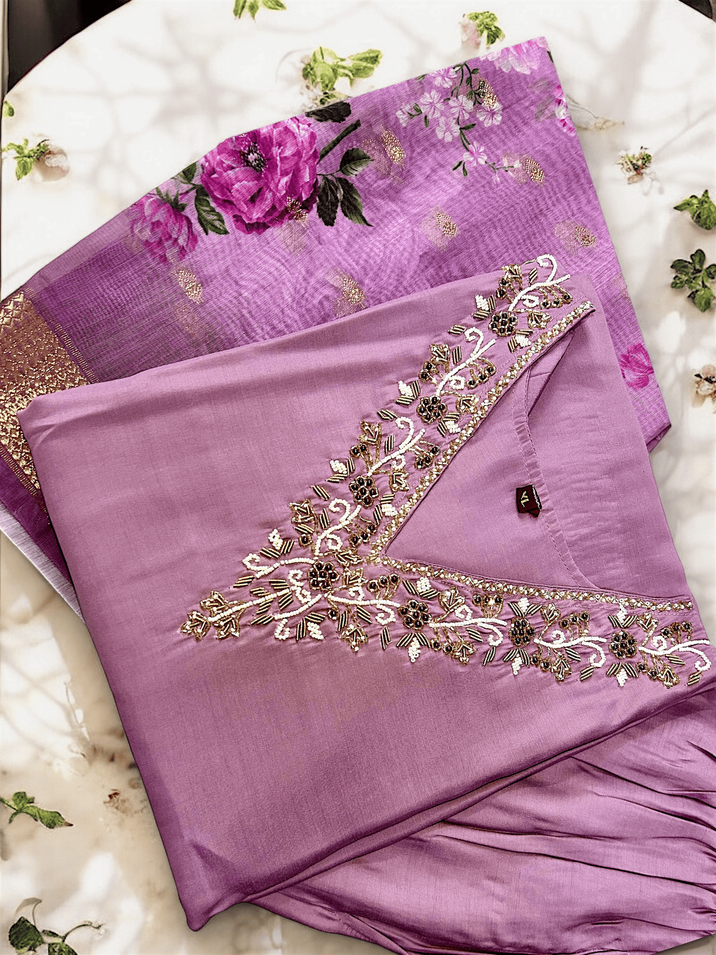 Lilac Zari Gold Embroidered Roman Silk Suit Set