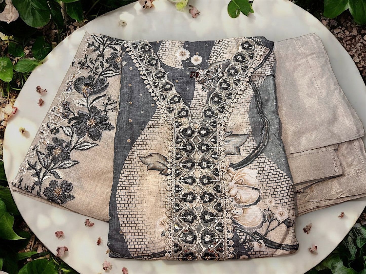 Grey & Gold Premium Muslin Suit Set