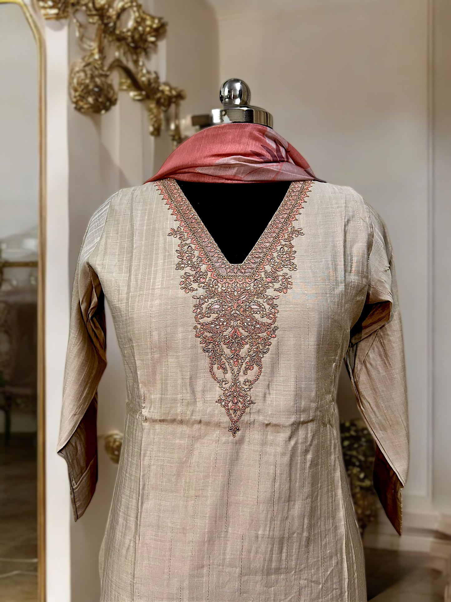 Peach and Gold Silk Embroidered Suit Set