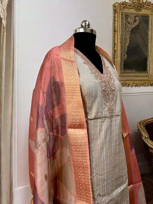 Peach and Gold Silk Embroidered Suit Set