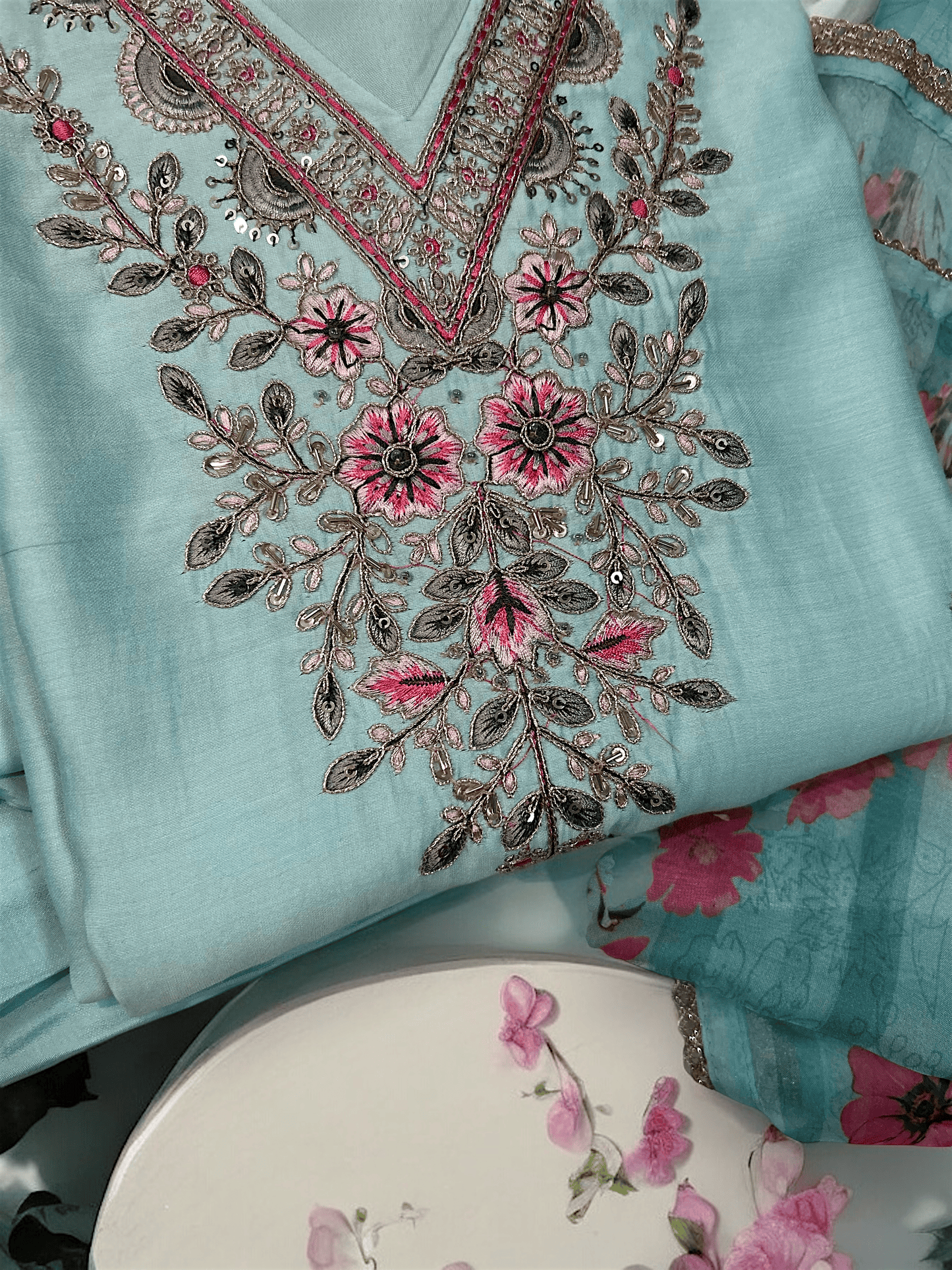 Aqua Gold Embroidered Suit Set