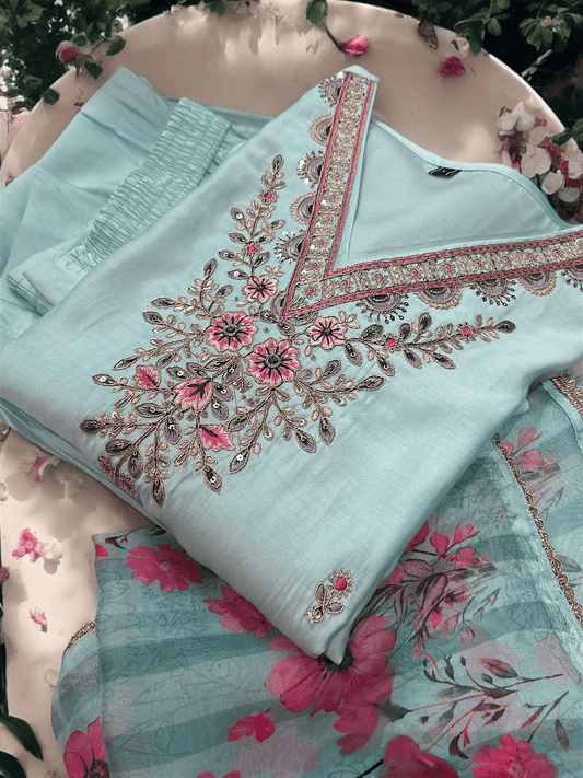 Aqua Gold Embroidered Suit Set