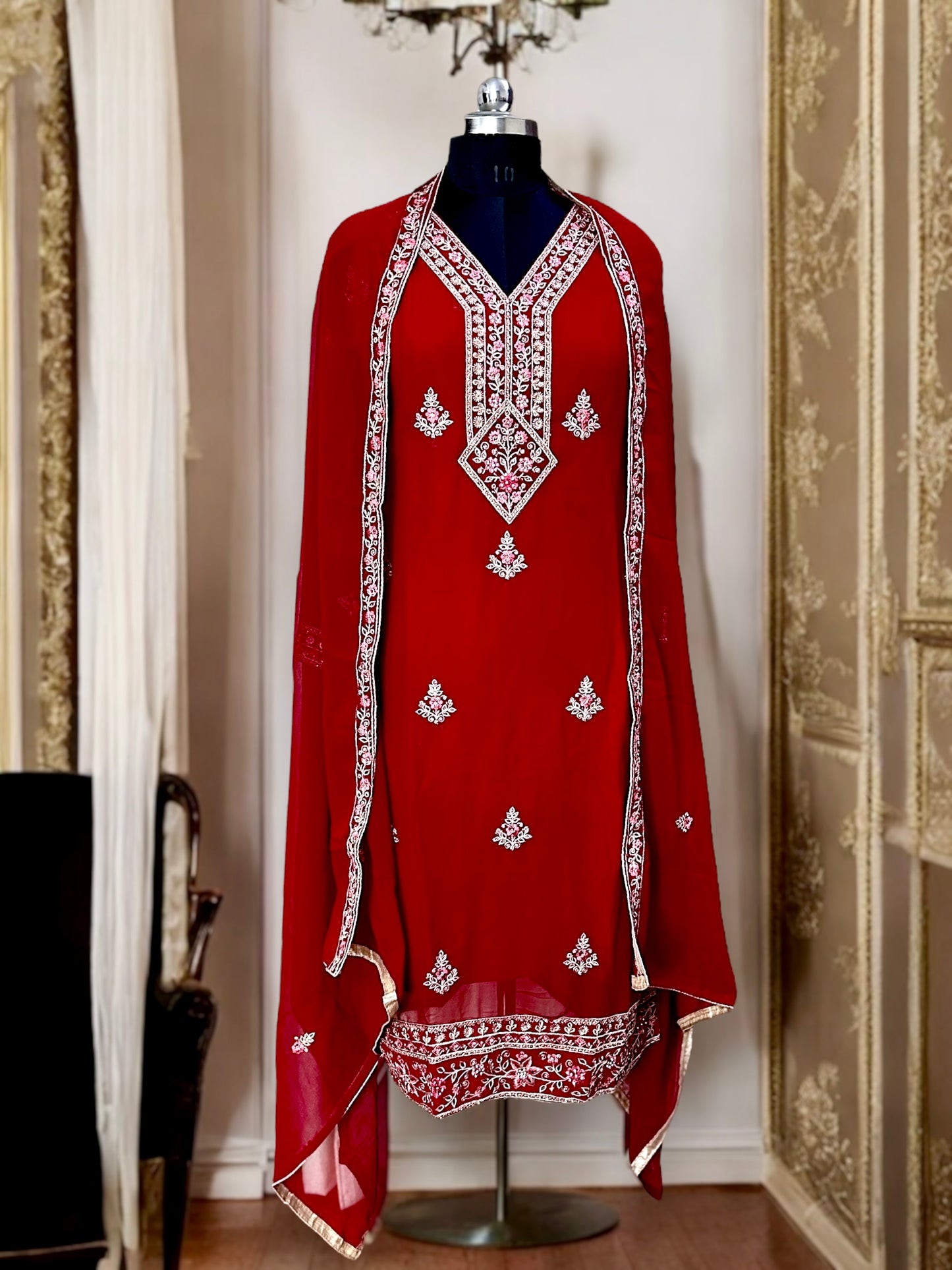 Maroon Red Embroidered Kurta Set with Palazzo Pants