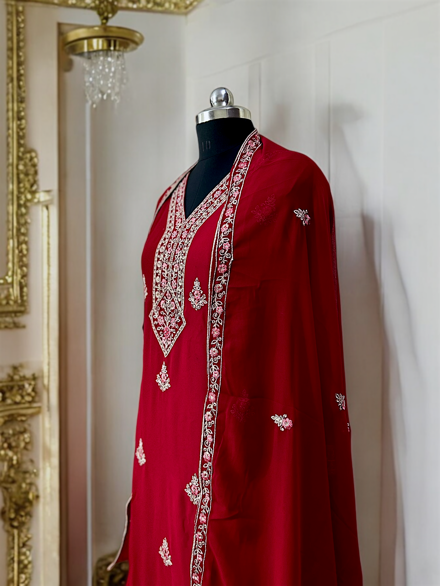 Maroon Red Embroidered Kurta Set with Palazzo Pants