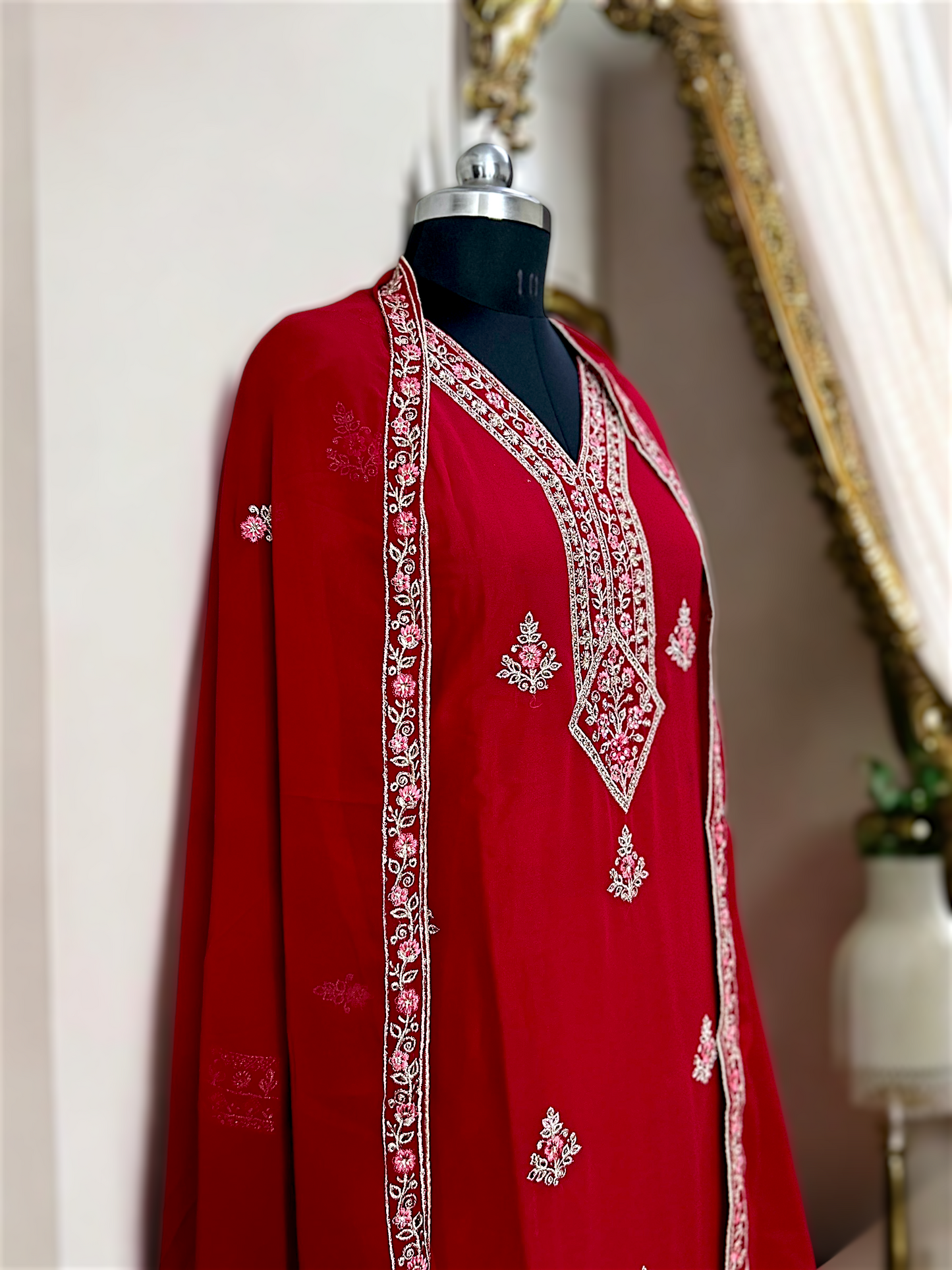 Maroon Red Embroidered Kurta Set with Palazzo Pants