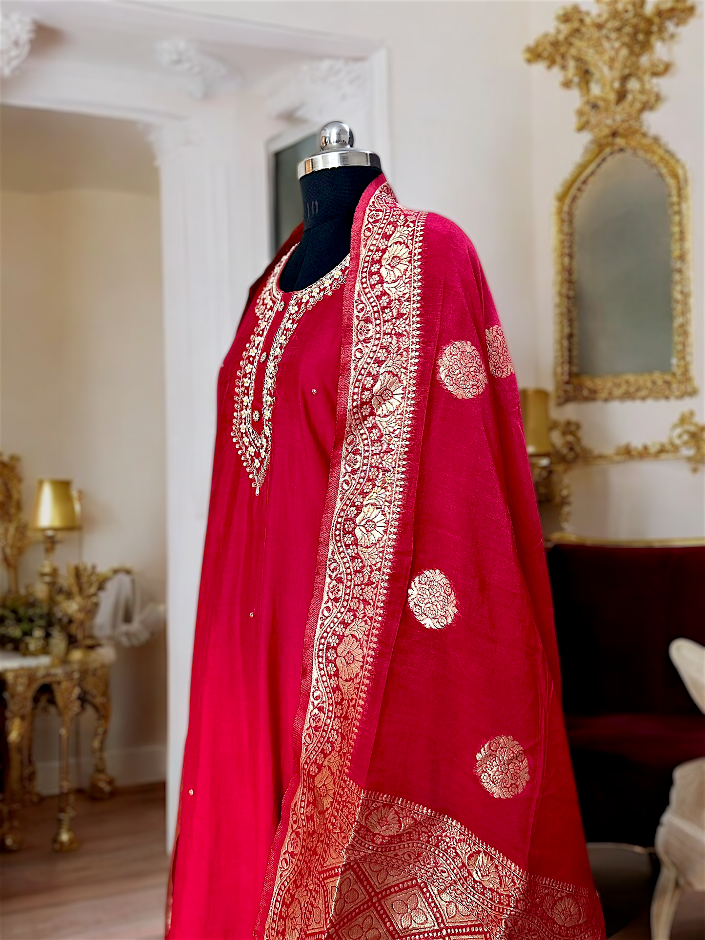 Red and Gold Dola Silk Embroidered Suit Set with Banarasi Dupatta