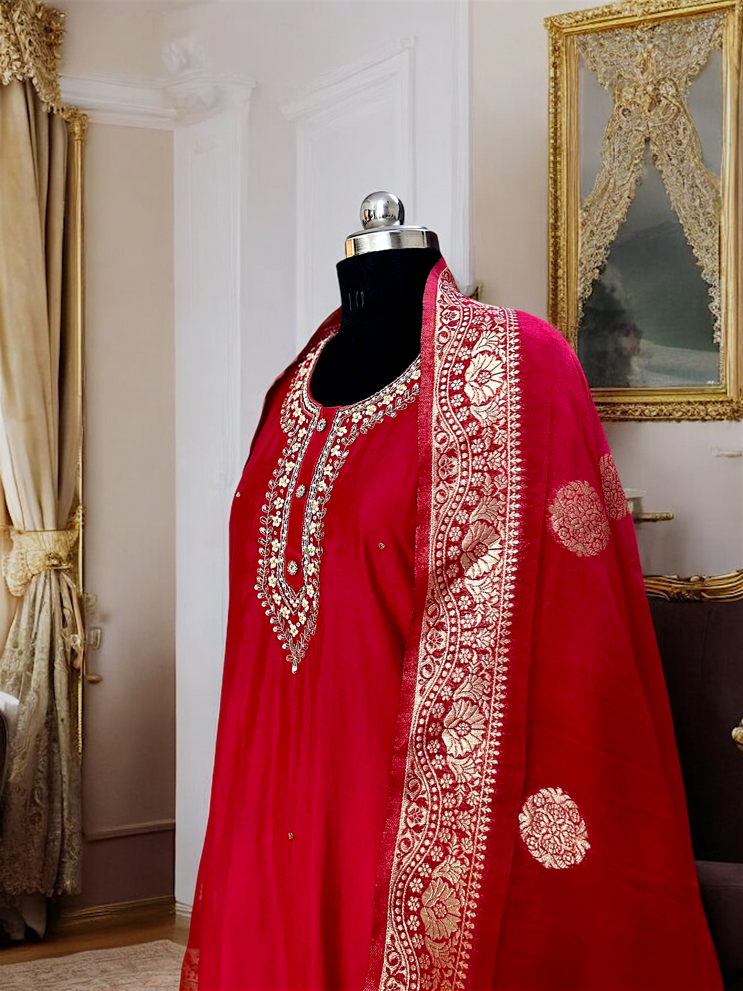 Red and Gold Dola Silk Embroidered Suit Set with Banarasi Dupatta