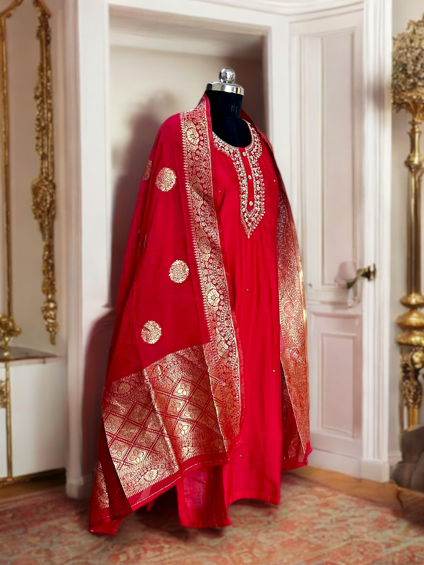 Red and Gold Dola Silk Embroidered Suit Set with Banarasi Dupatta