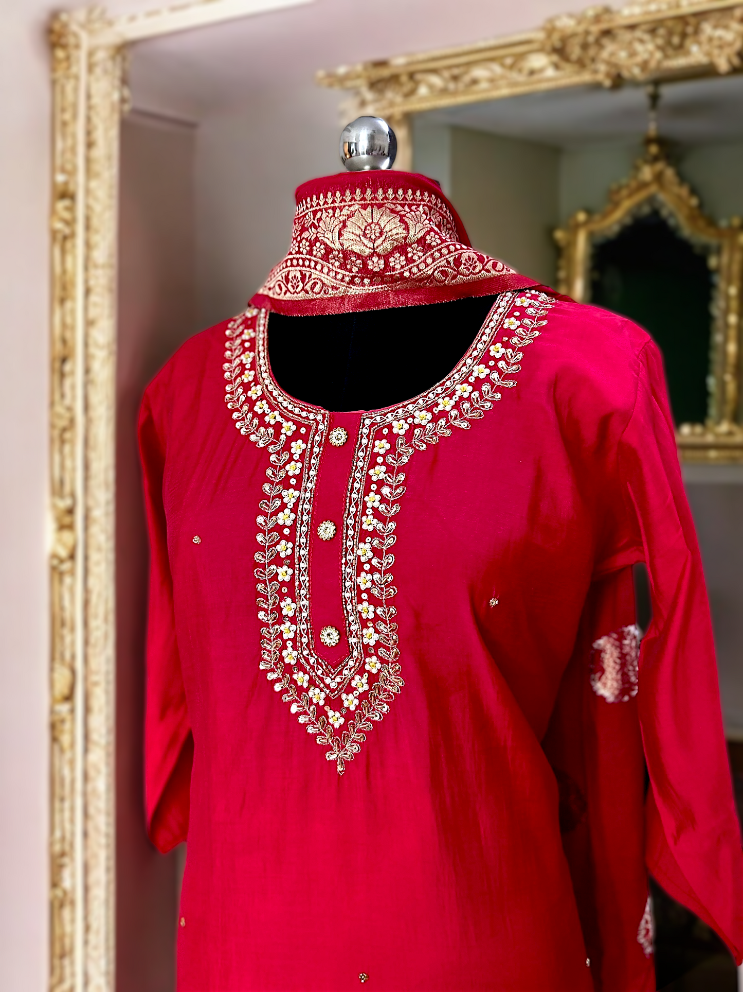 Red and Gold Dola Silk Embroidered Suit Set with Banarasi Dupatta