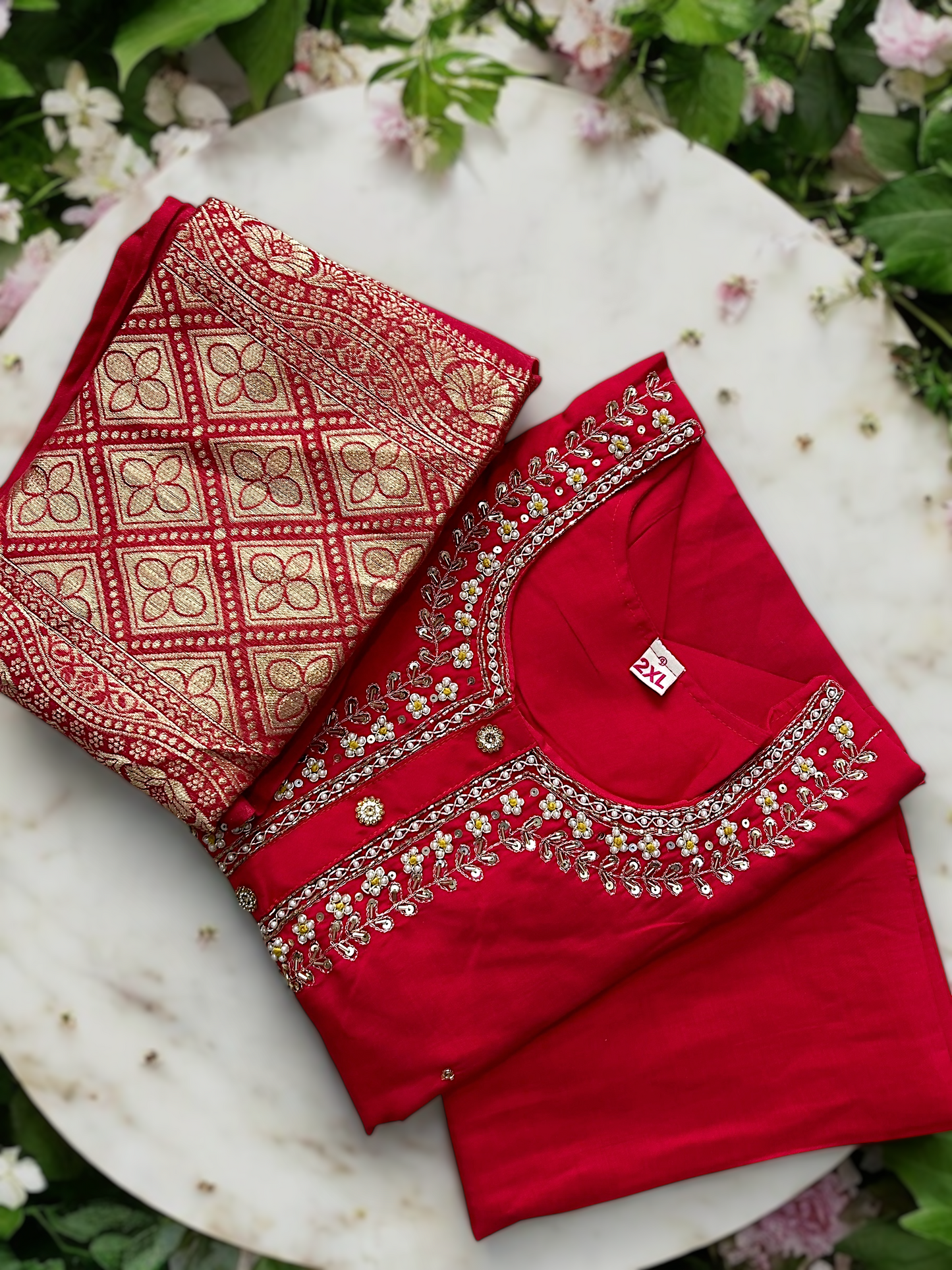 Red and Gold Dola Silk Embroidered Suit Set with Banarasi Dupatta