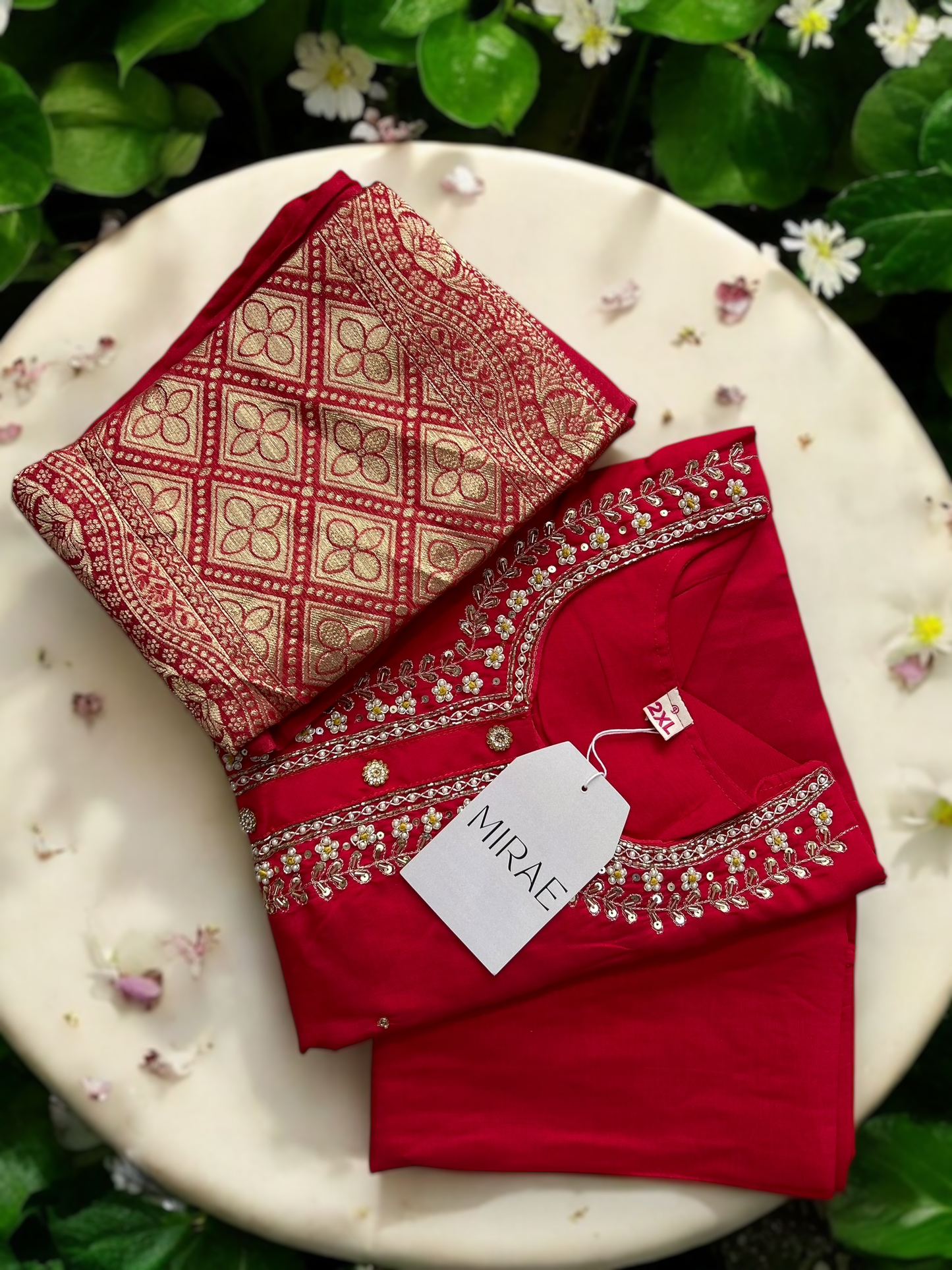 Red and Gold Dola Silk Embroidered Suit Set with Banarasi Dupatta