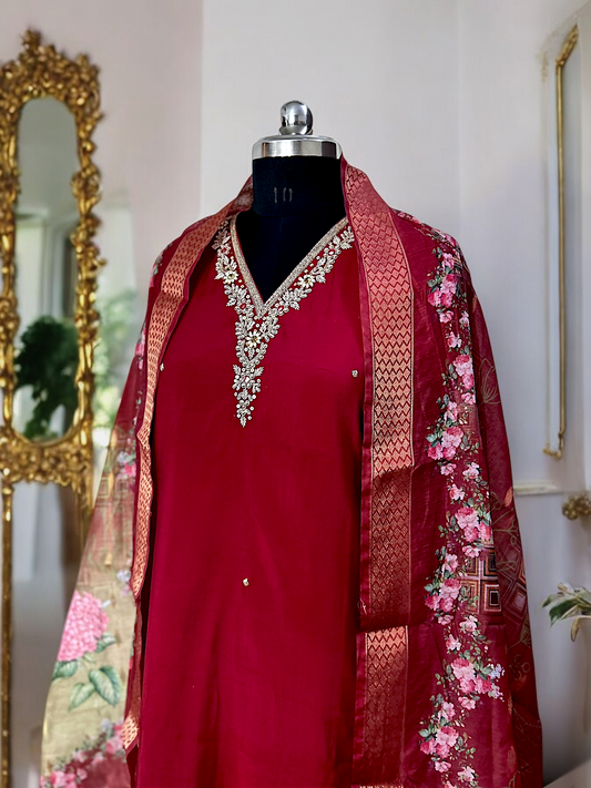 Maroon Red Embroidered Russian Silk Suit Set