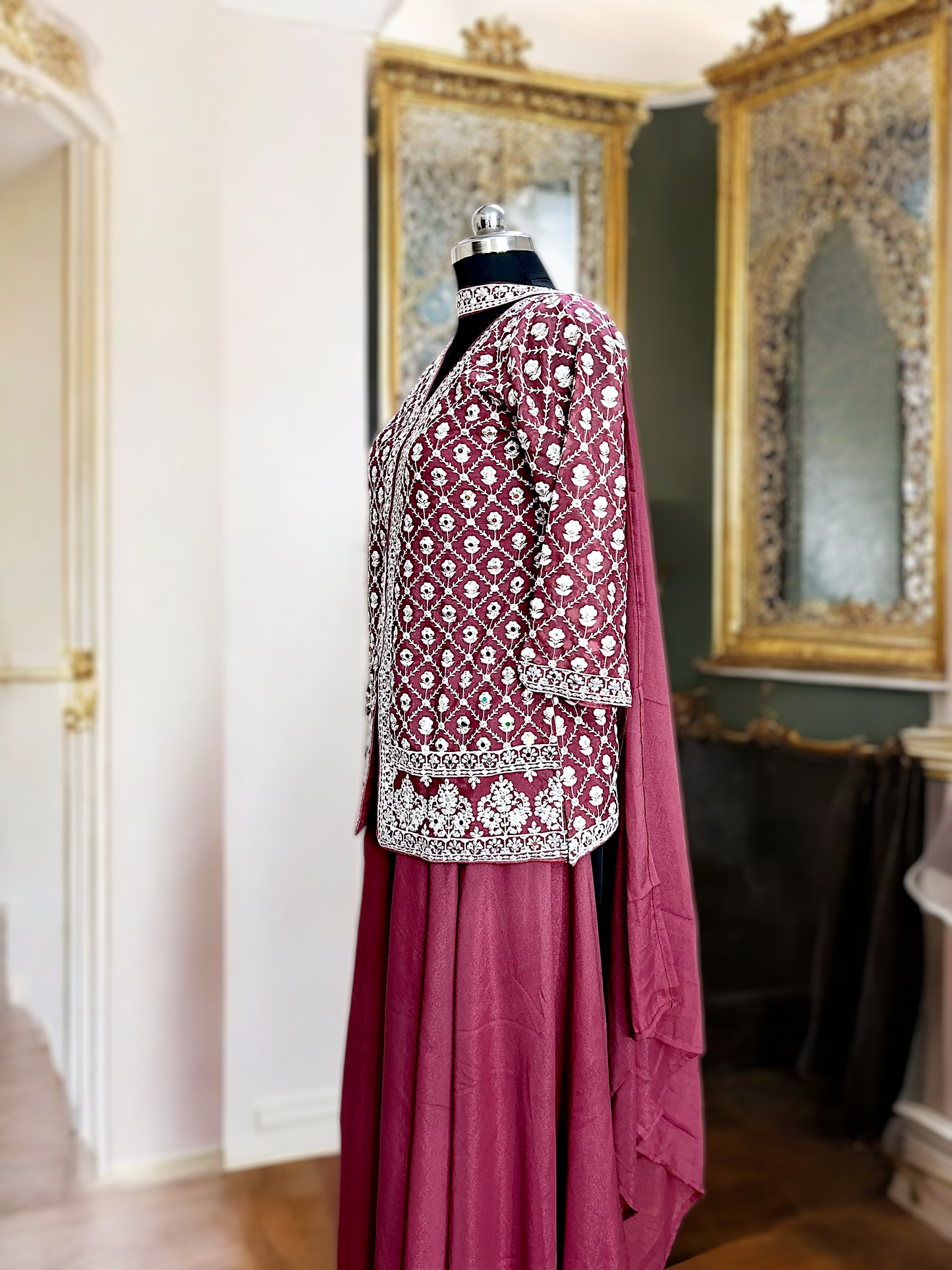 Mauve Taupe Emroidered Mirror Work Jacket Gharara Set with Choker Dupatta