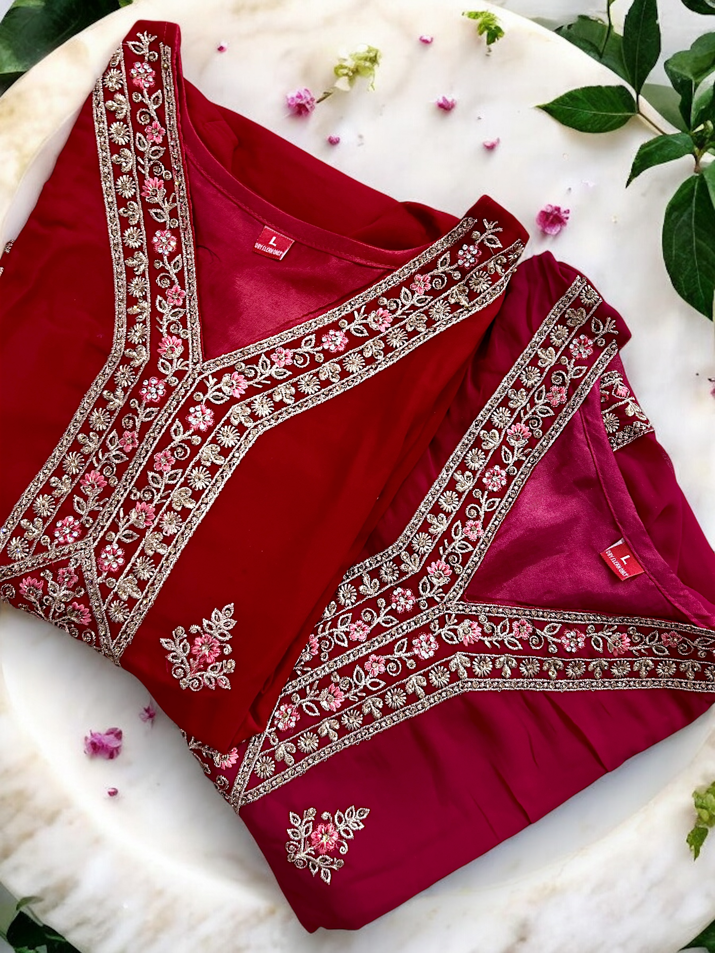 Maroon Red Embroidered Kurta Set with Palazzo Pants