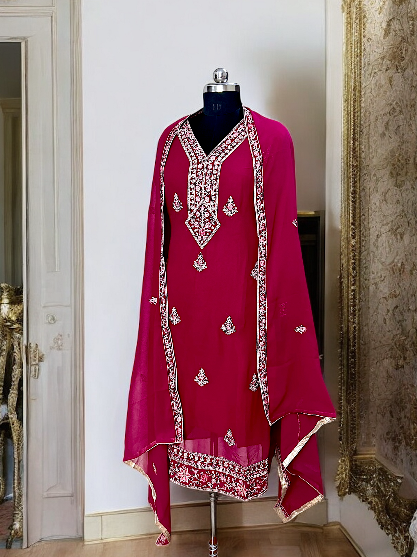 Magenta Embroidered Kurta Set with Palazzo Pants