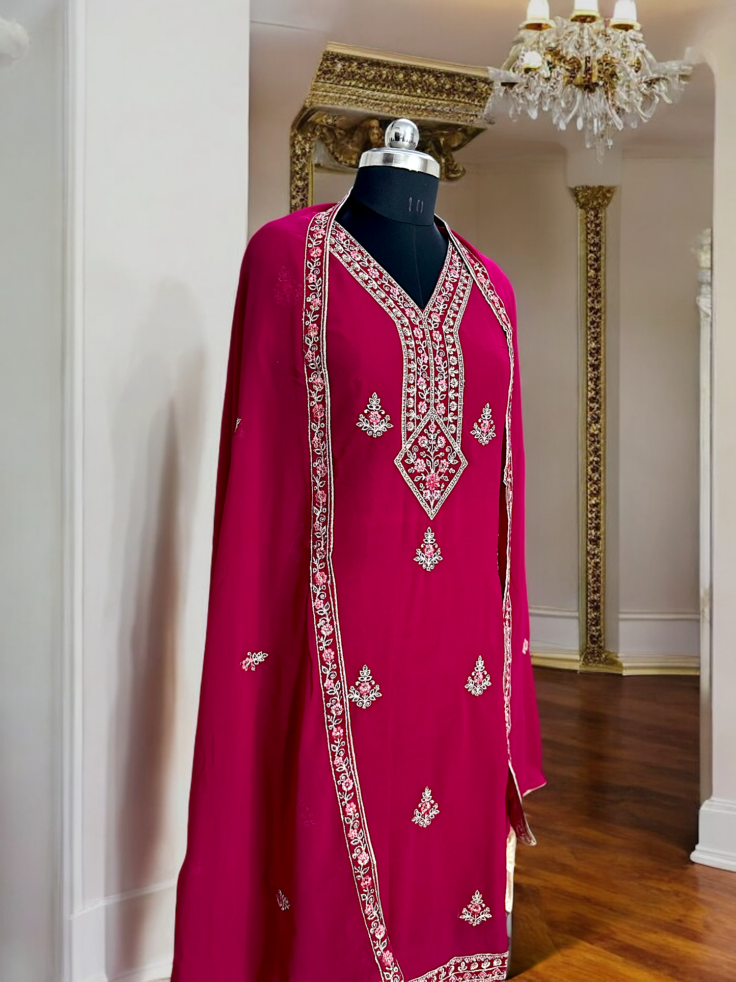 Magenta Embroidered Kurta Set with Palazzo Pants