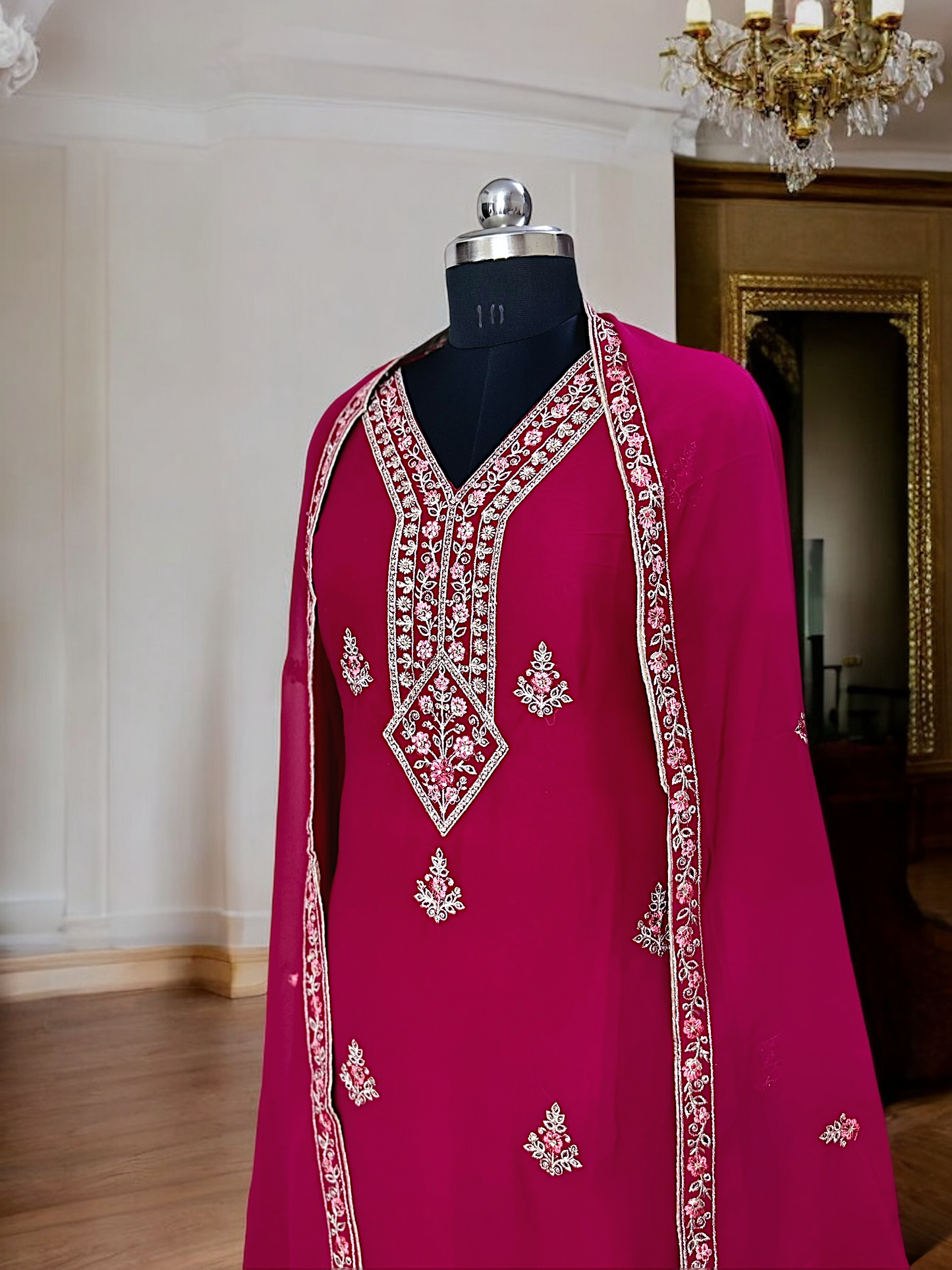 Magenta Embroidered Kurta Set with Palazzo Pants