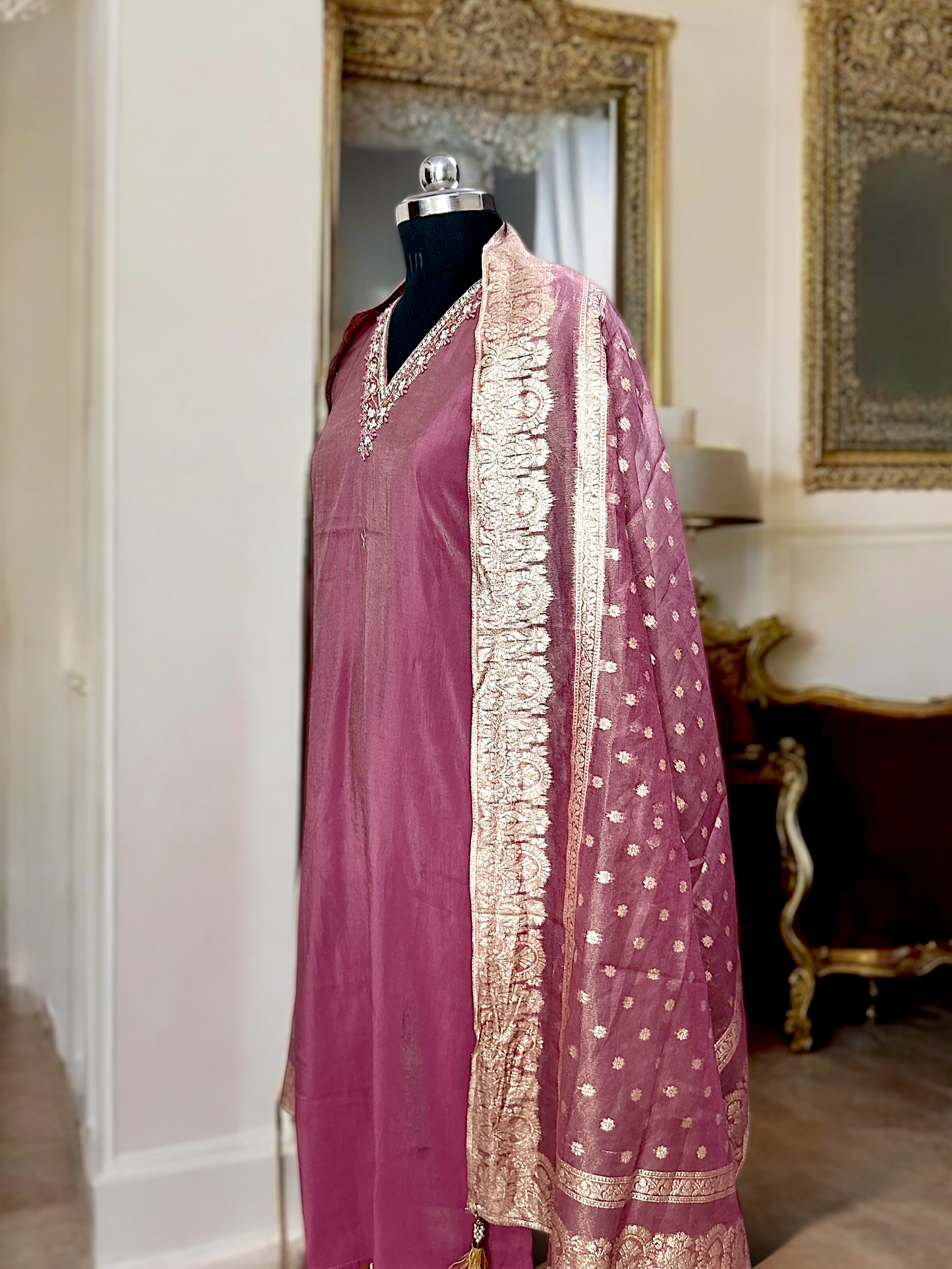 Mauve Pink and Gold Tissue Shimmer Suit Set with Banarasi Dupatta