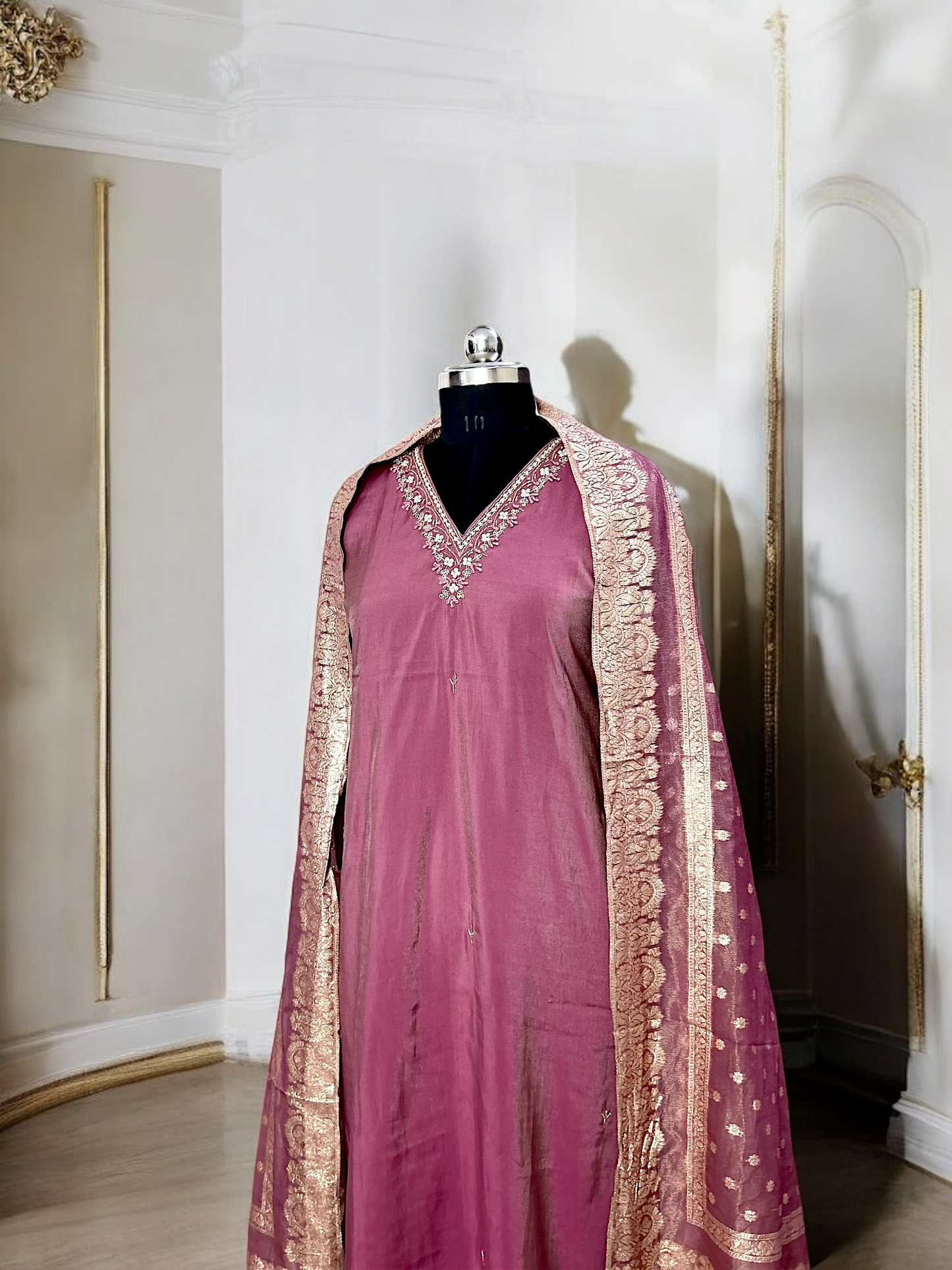 Mauve Pink and Gold Tissue Shimmer Suit Set with Banarasi Dupatta