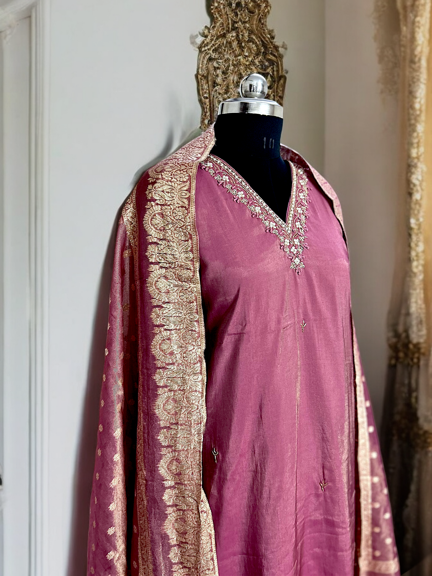 Mauve Pink and Gold Tissue Shimmer Suit Set with Banarasi Dupatta