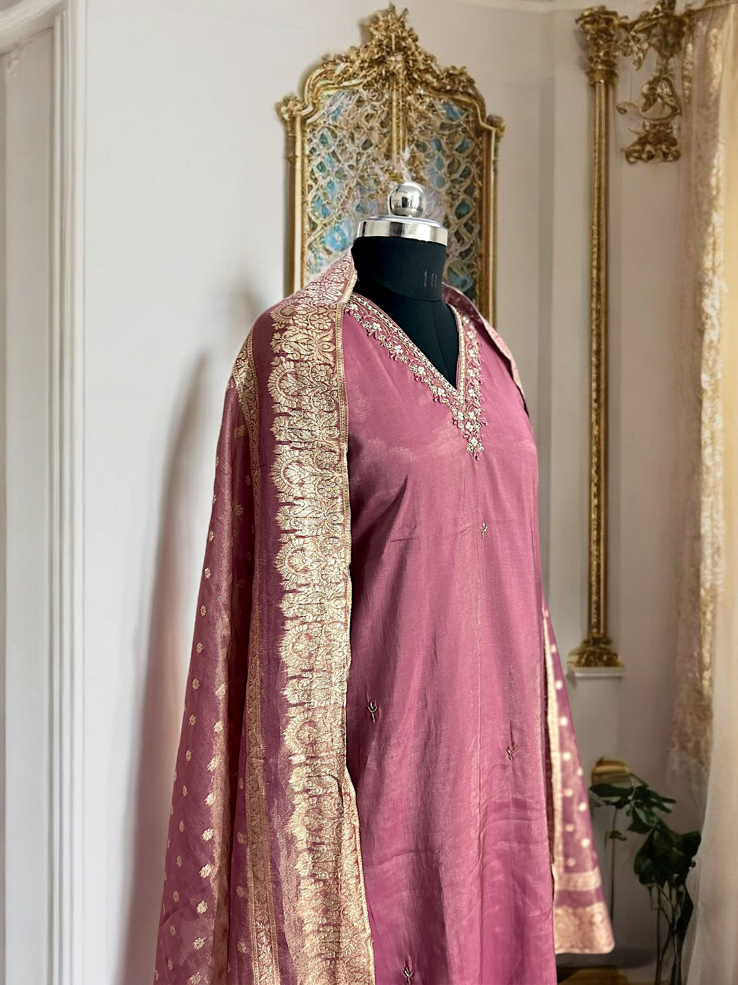 Mauve Pink and Gold Tissue Shimmer Suit Set with Banarasi Dupatta