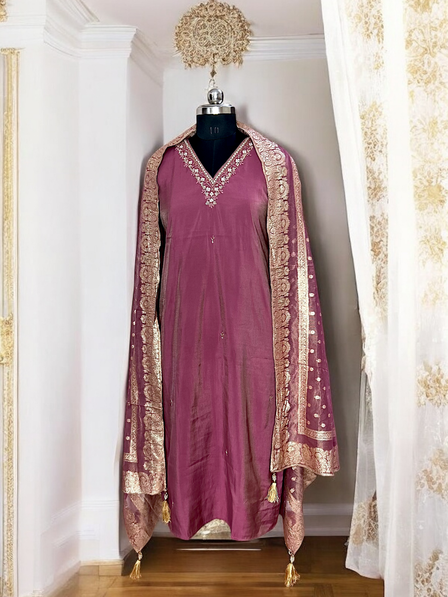 Mauve Pink and Gold Tissue Shimmer Suit Set with Banarasi Dupatta