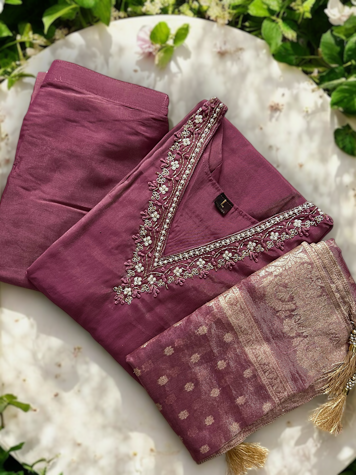 Mauve Pink and Gold Tissue Shimmer Suit Set with Banarasi Dupatta