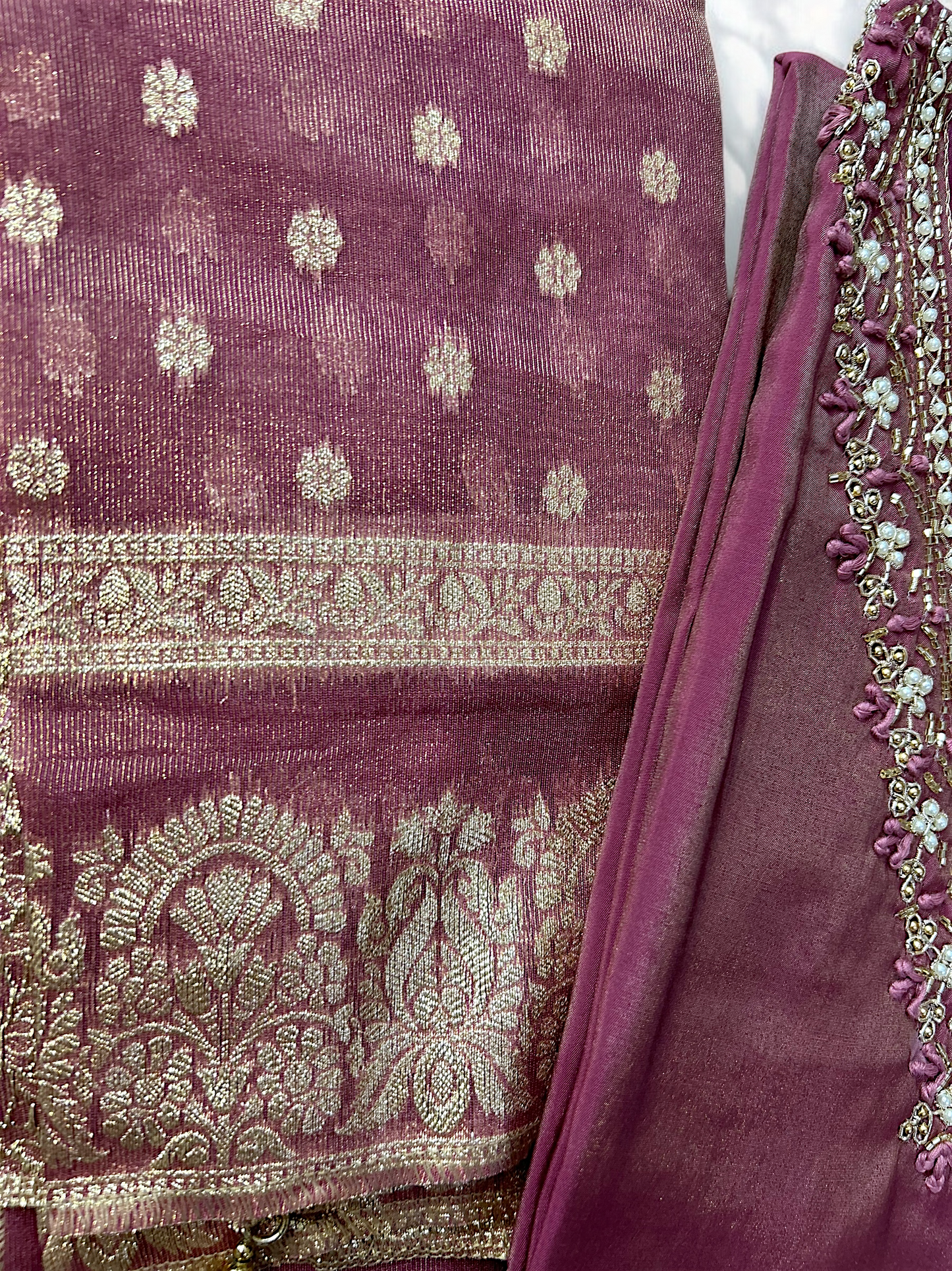 Mauve Pink and Gold Tissue Shimmer Suit Set with Banarasi Dupatta