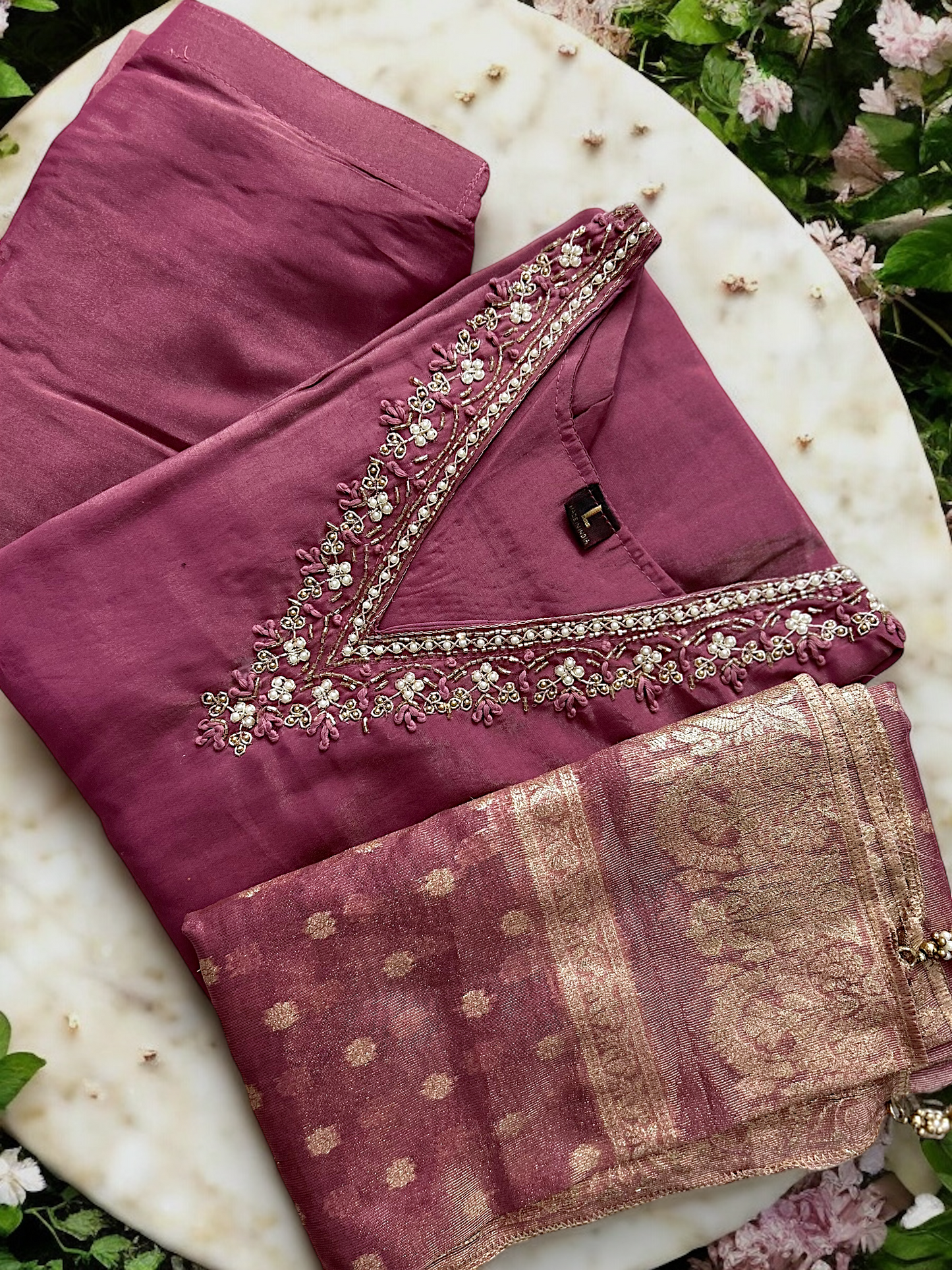 Mauve Pink and Gold Tissue Shimmer Suit Set with Banarasi Dupatta