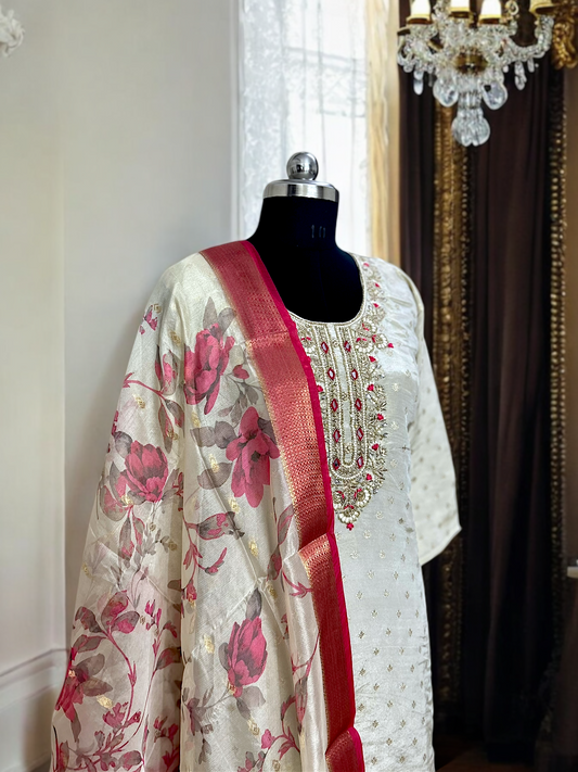 Ivory Tissue Jacquard Suit Set with Printed Silk Dupatta