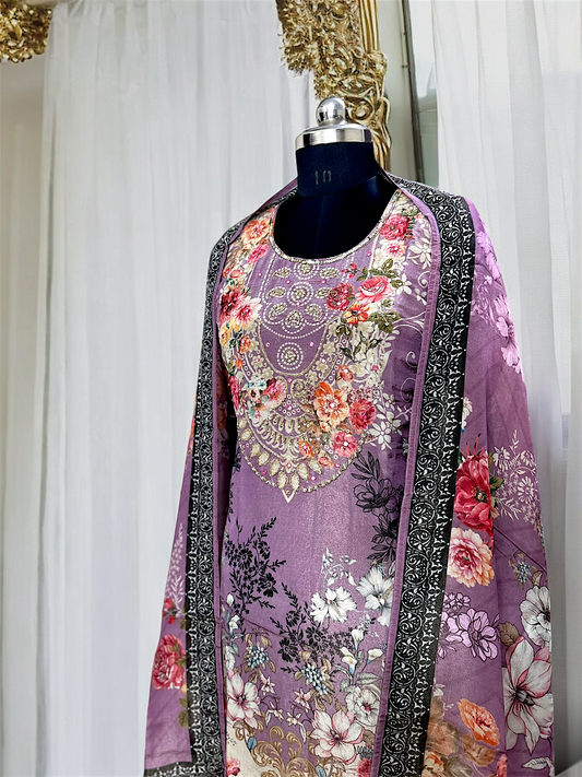 Lilac Floral Tissue Shimmer Digital Printed Suit Set