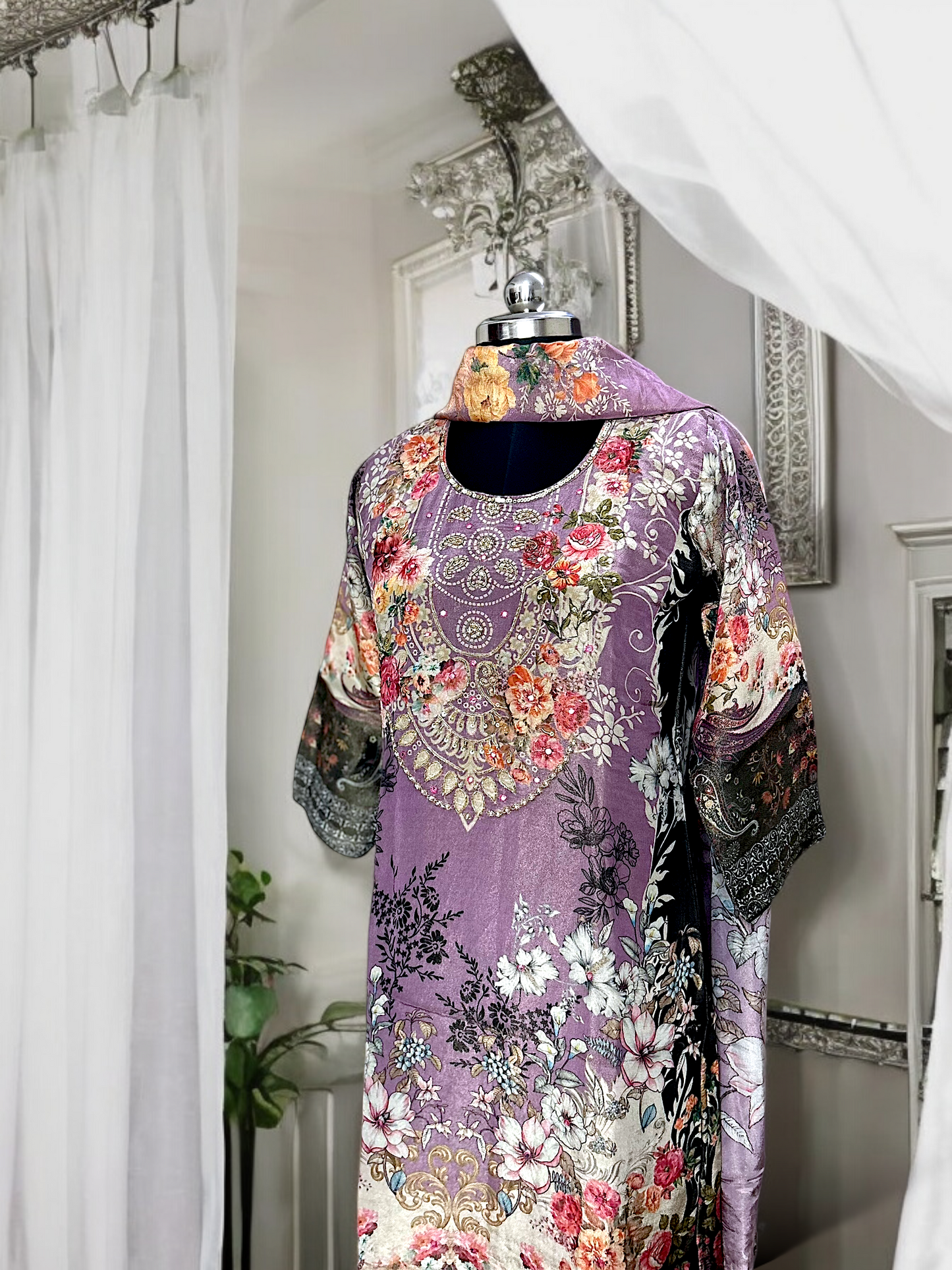 Lilac Floral Tissue Shimmer Digital Printed Suit Set