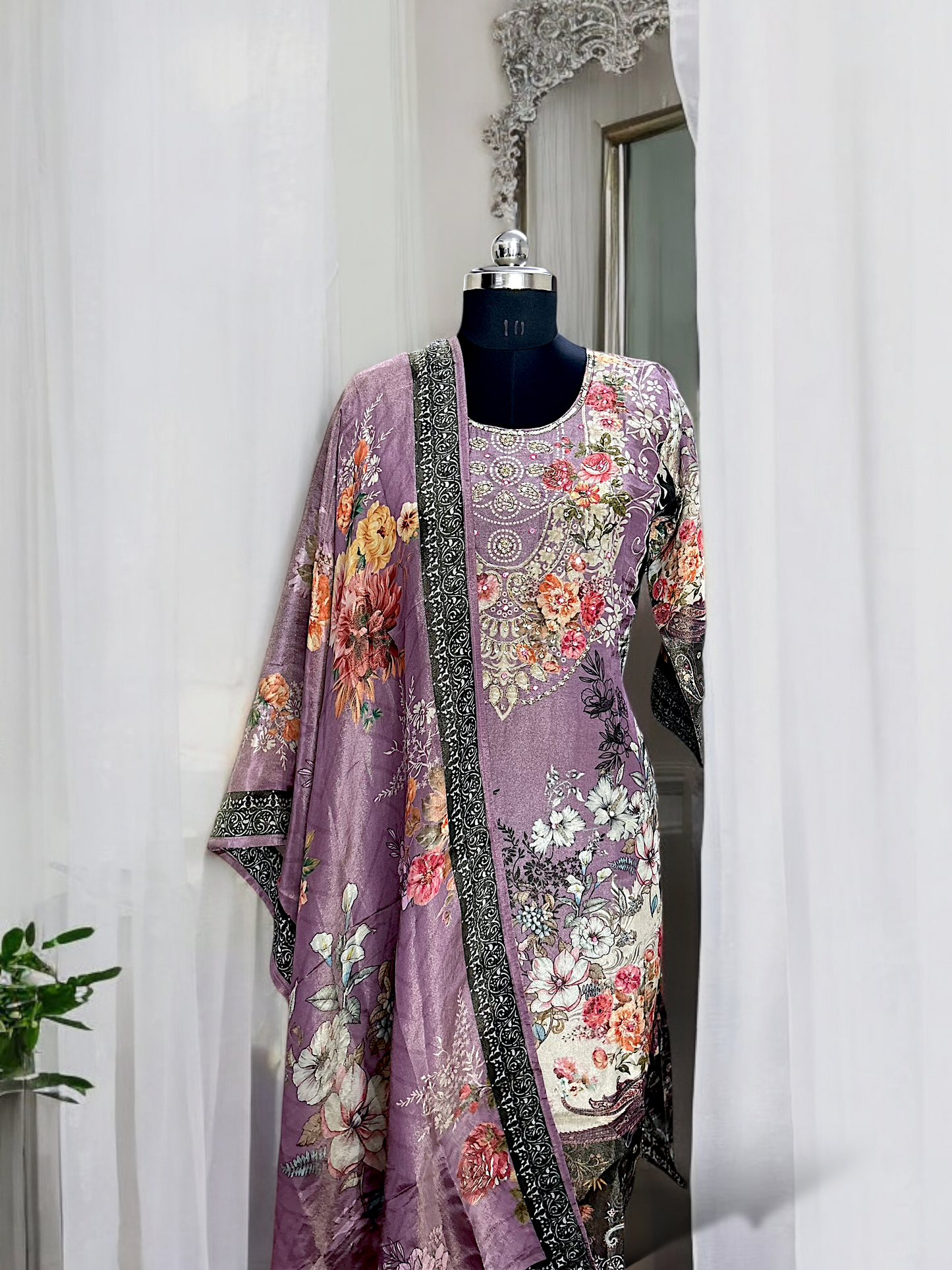 Lilac Floral Tissue Shimmer Digital Printed Suit Set