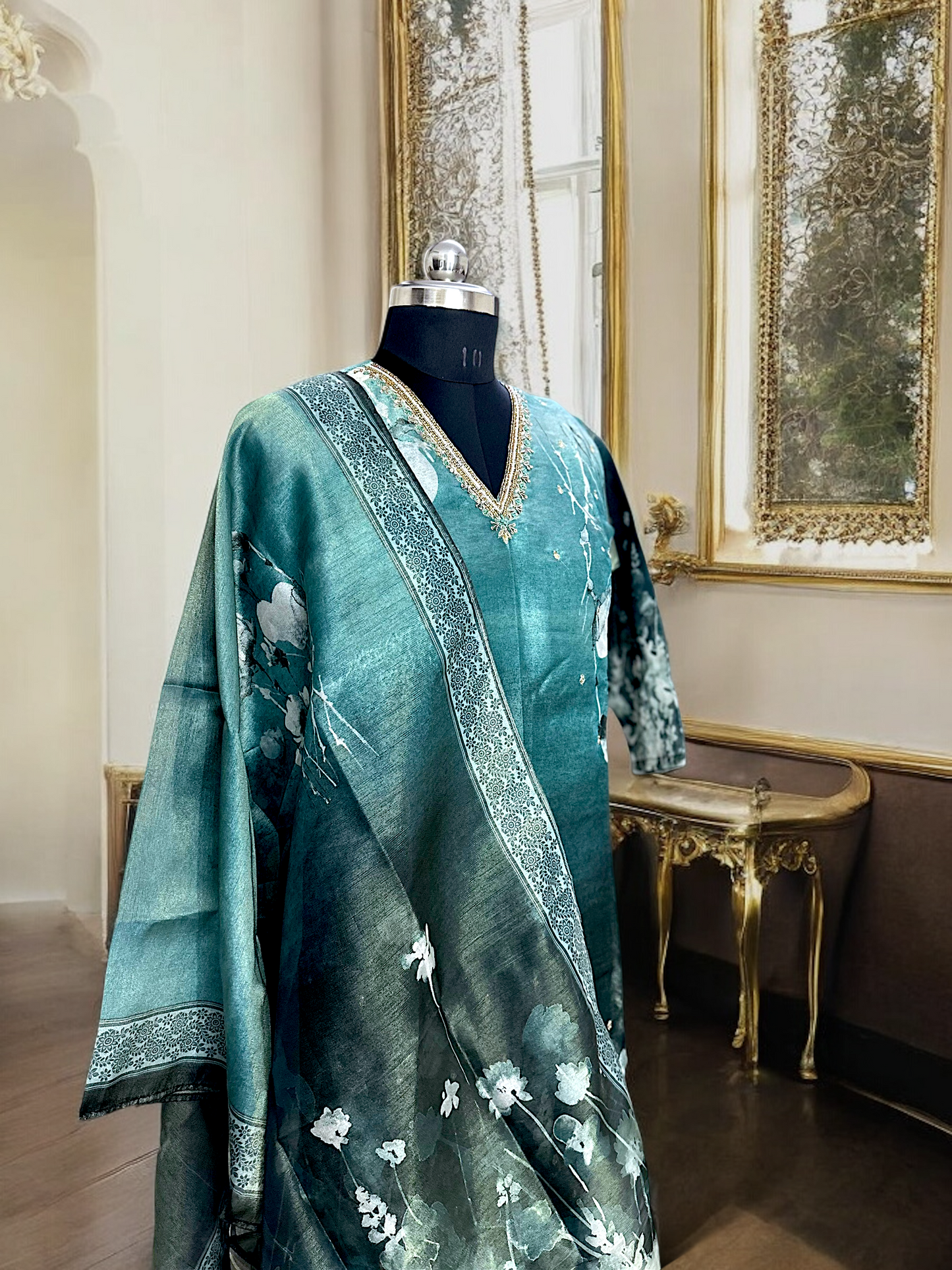 Bottle Green Organza Digital Printed Kurta Set