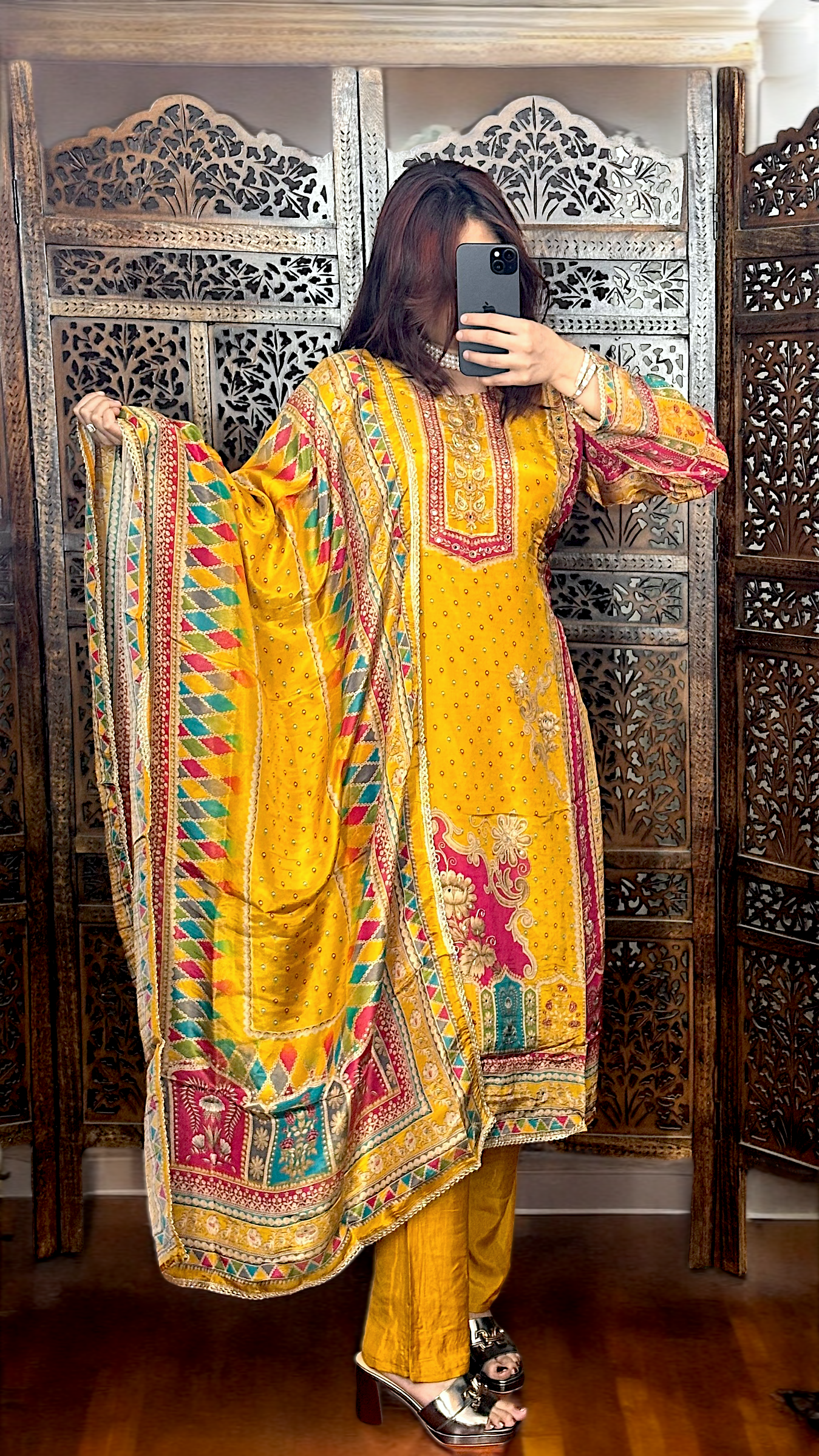 Mustard Yellow Tissue Shimmer Printed Suit Set